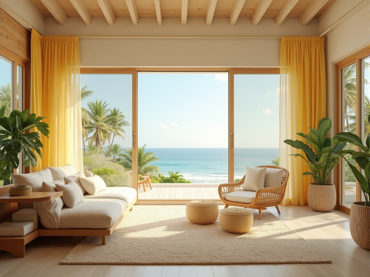 Prompt: Coastal design, light yellow color scheme, beachside villa, tropical plants, palm trees, ocean views, warm sunny day, soft gentle breeze, natural wood accents, rattan furniture, woven textiles, linen curtains, minimal decor, spacious interior, high ceilings, floor-to-ceiling windows, panoramic view, 3/4 composition, soft lighting, warm atmosphere, relaxed mood, calming ambiance.