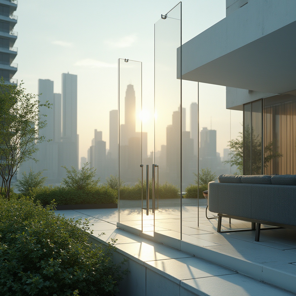 Prompt: Transparent polycarbonate sheet, modern architectural design, sleek lines, futuristic tone, urban cityscape, skyscraper background, rooftop garden, greenery, sunny day, soft natural light, shallow depth of field, 3/4 composition, warm ambient color palette, high-tech atmosphere.