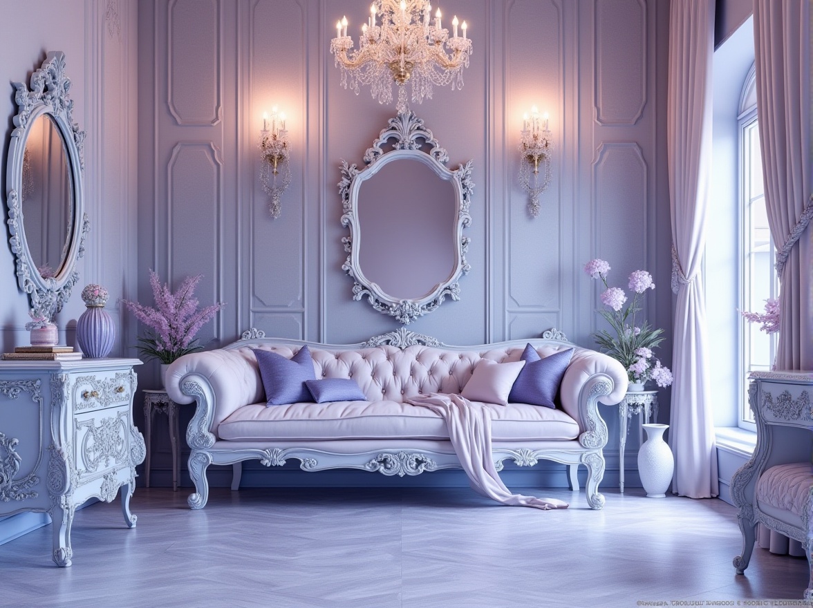 Prompt: Lavender blue art nouveau, ornate patterns, flowing lines, vintage aesthetic, pastel colors, soft gradient background, intricate details, organic shapes, luxurious fabrics, antique furniture, ornamental mirrors, delicate ceramics, dreamy atmosphere, warm lighting, 3/4 composition, close-up shot, shallow depth of field.