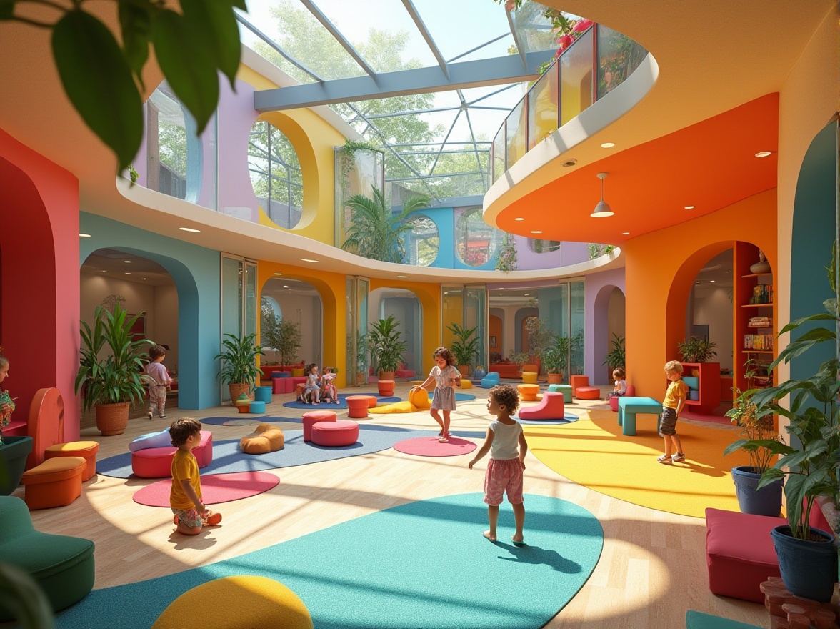 Prompt: Colorful kindergarten, experimental architecture style, futuristic design, irregular shapes, vibrant colors, glass facade, metal beams, playful atmosphere, children playing, joyful laughter, educational toys scattered, blocks and LEGOs, colorful rugs, modern minimalistic furniture, green plants, natural lighting, soft shadows, 3/4 composition, panoramic view, warm and inviting ambiance.