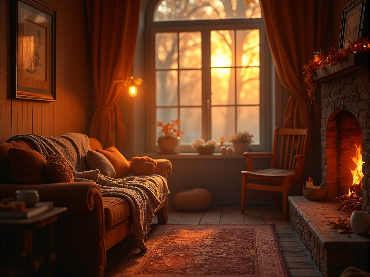 Prompt: Warm ambiance, Ocher color palette, golden hour, soft warm light, cozy atmosphere, wooden furniture, vintage decorations, dimmed lighting, comfortable sofa, fluffy throw blanket, crackling fireplace, autumn leaves, scenic window view, misty morning, gentle breeze, soft focus, cinematic composition, shallow depth of field, inviting warmth.