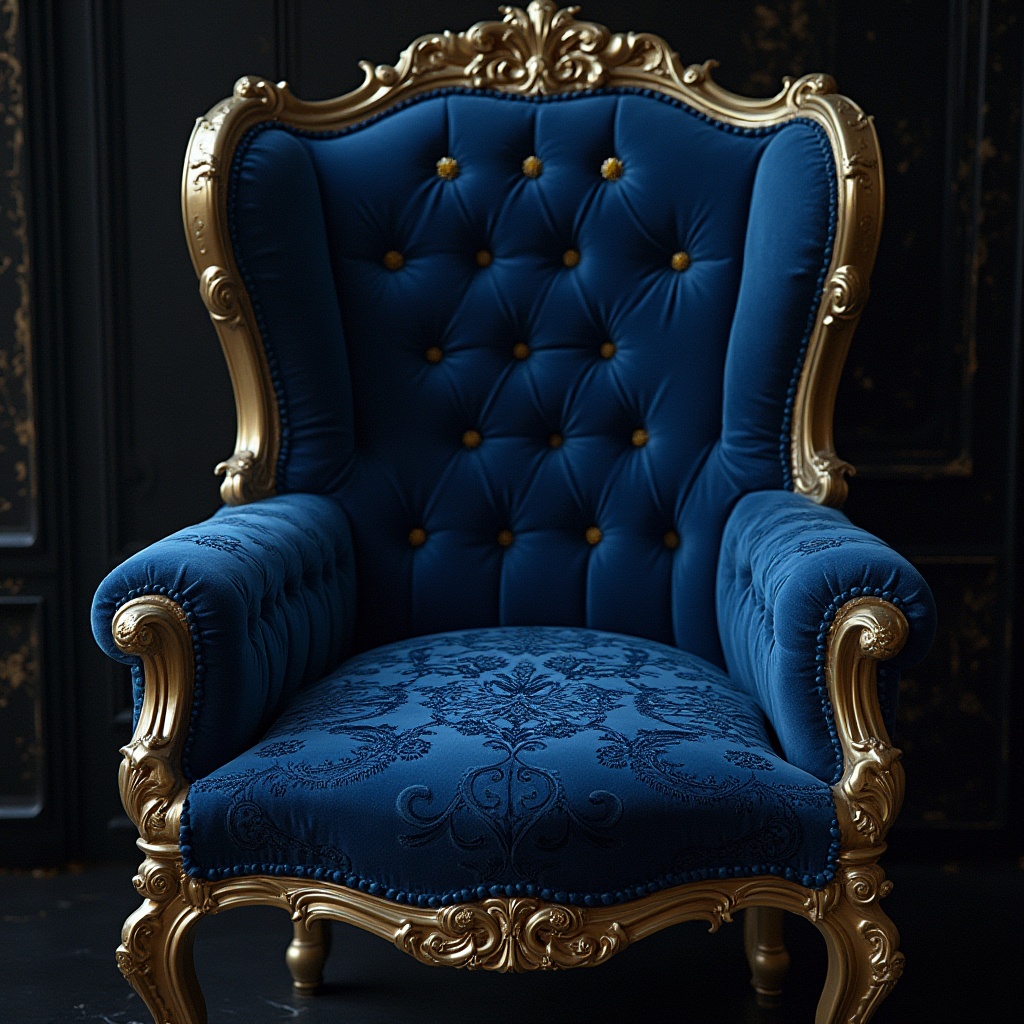 Prompt: Prussian blue, luxurious, vintage, ornate, intricate patterns, gold accents, velvet fabric, royal atmosphere, mysterious, dark, Victorian era, Gothic architecture, grandeur, dramatic lighting, high contrast, detailed textures, old masters' paintings, Baroque style, complex composition, ornamental details.