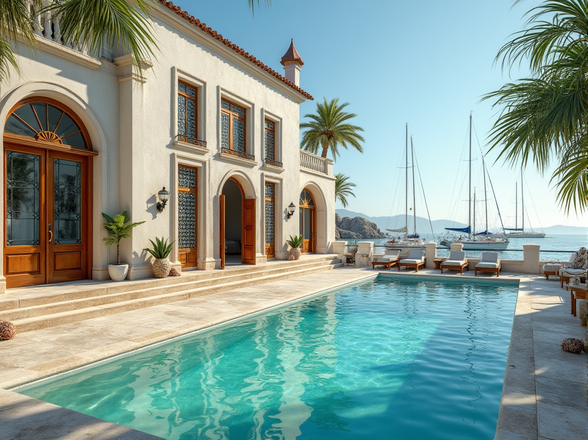 Prompt: Coastal Renaissance architecture, grand villa, seaside, Mediterranean style, white stone walls, ornate wooden doors, stained glass windows, turquoise pool water, palm trees swaying gently, seashell decorations, sailboats docked nearby, sunny afternoon, warm soft lighting, 3/4 composition, shallow depth of field, vibrant colors, realistic textures, cinematic ambiance.