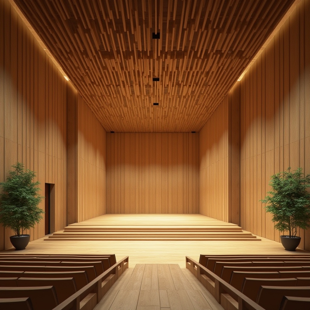 Prompt: Modern performing arts center, interior design, bamboo material, natural texture, earthy tone, warm lighting, auditorium, stage, curtains, acoustic panels, minimalist decor, sustainable architecture, eco-friendly, greenery, potted plants, wooden flooring, simple lines, geometric shapes, daytime, soft focus, cinematic composition, 3/4 view.