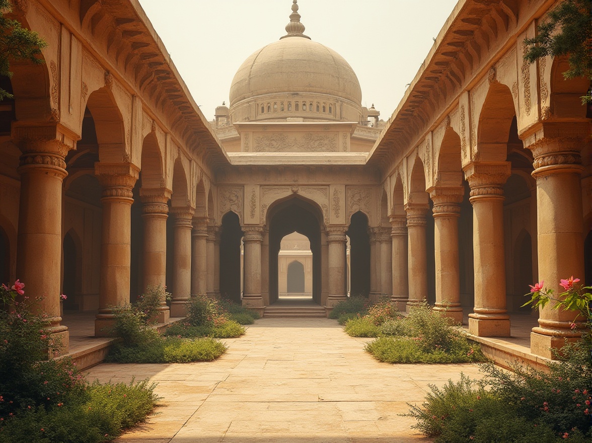 Prompt: Ancient monument, sandstone structure, intricate carvings, weathered texture, warm beige color, colossal pillars, ornate arches, sprawling courtyard, lush greenery, exotic plants, vibrant flowers, misty atmosphere, soft warm lighting, low-angle shot, 3/4 composition, symmetrical framing, warm afternoon sun, subtle shadows, natural ambiance.