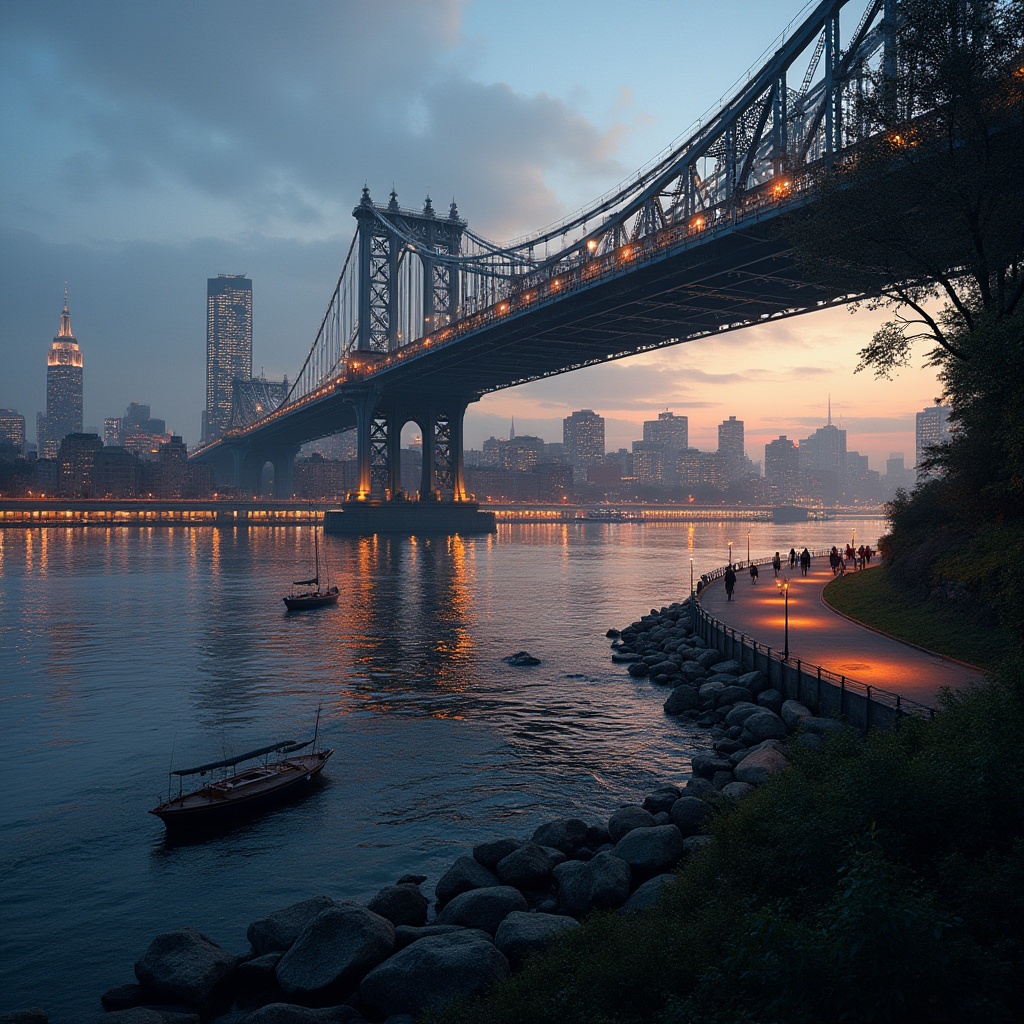 Prompt: International style bridge, evening time, warm golden lighting, majestic steel arches, smooth concrete piers, gentle river flow, urban cityscape in the background, skyscrapers, modern architecture, vibrant streetlights reflecting off the water, people strolling along the pedestrian walkway, few sailboats docked underneath, lush greenery on the bridge's edges, misty atmosphere, cinematic composition, wide-angle shot, low-key lighting, deep blues and purples.