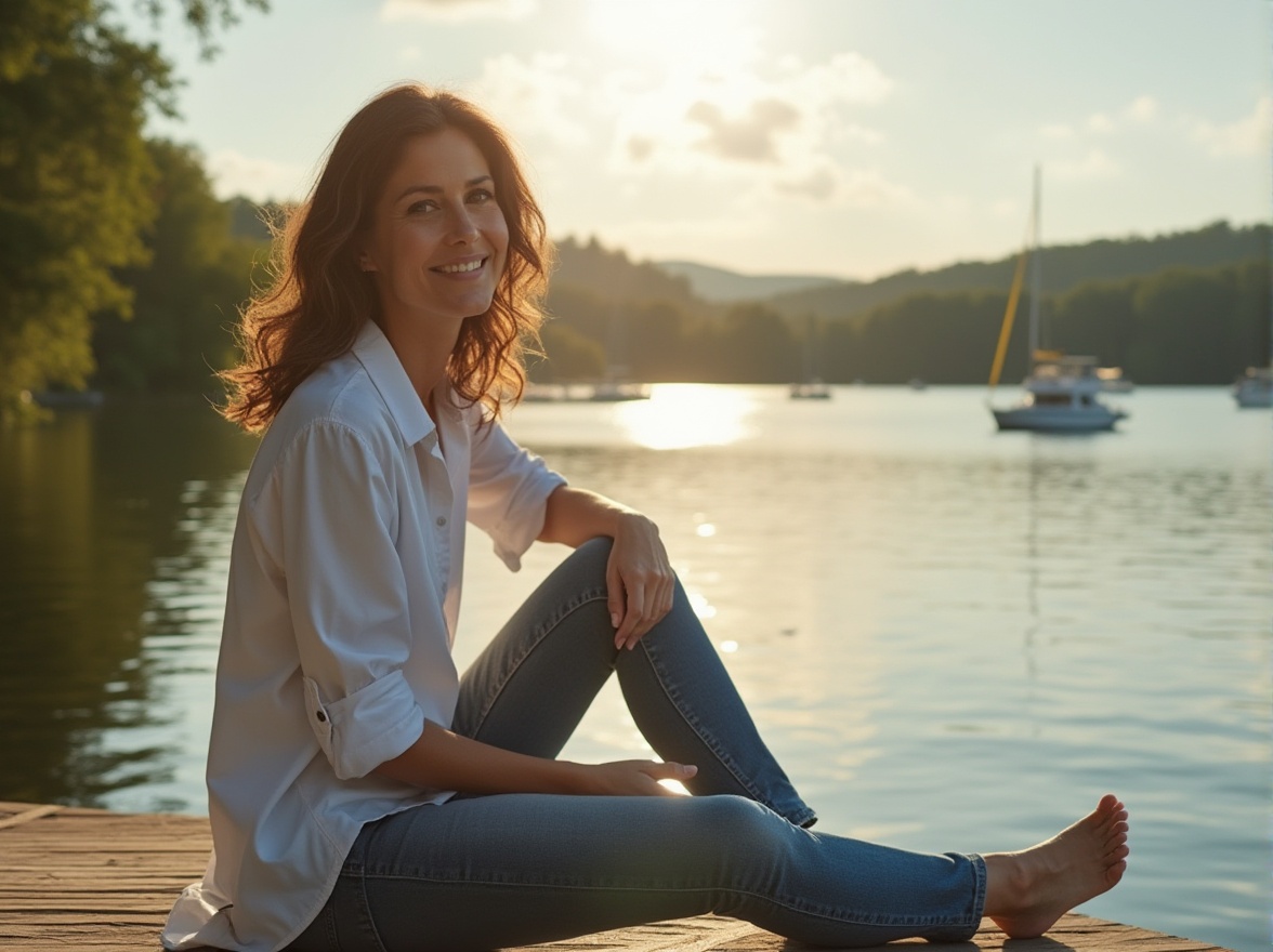 Prompt: Lakefront living, modern social housing, unique community, mature lady, 30s, casual wear, jeans, white blouse, wavy brown hair, natural makeup, relaxed posture, sitting on a wooden dock, overlooking serene lake, surrounded by lush greenery, tall trees, few sailboats, sunny afternoon, warm soft lighting, gentle breeze, rippling water, peaceful atmosphere, 3/4 composition, panoramic view.