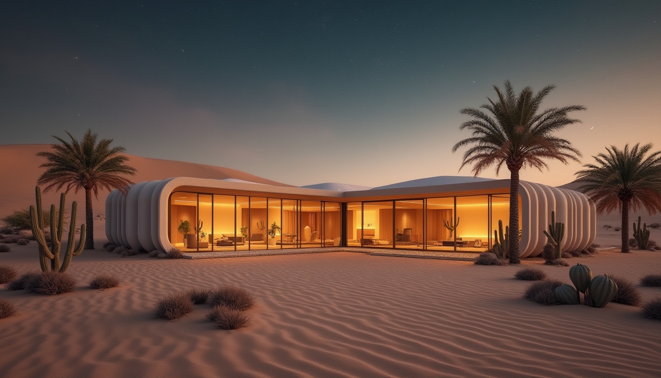 Prompt: Desert landscape, endless dunes, unique architecture, modern villa, luxurious interior, glass walls, minimalist decor, sandy beige tone, abstract sculptures, cacti plants, palm trees, starry night sky, crescent moon, warm ambient lighting, soft focus, wide-angle lens, dramatic composition.