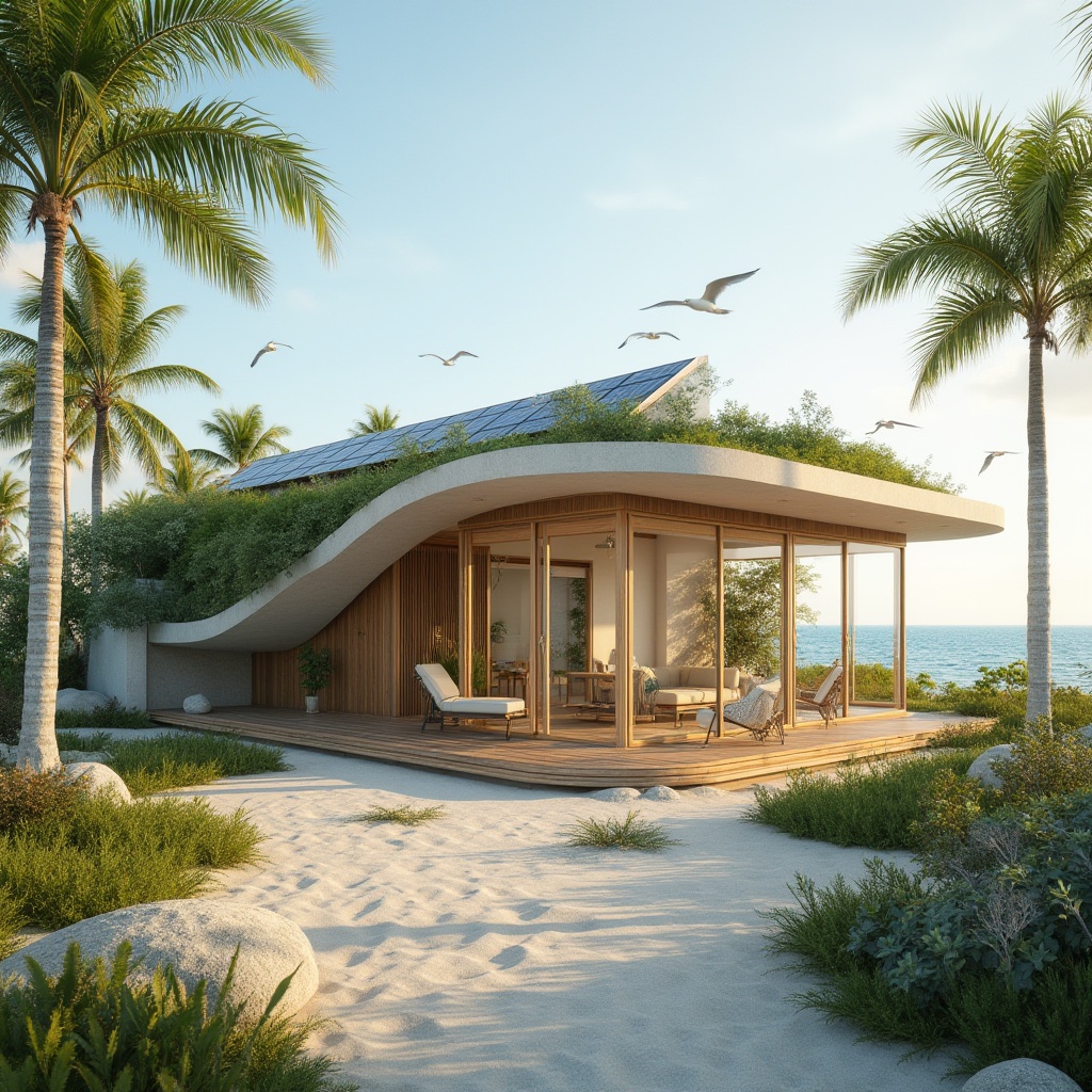 Prompt: Coastal architecture, eco-friendly building, curved lines, large windows, solar panels, green roof, wooden deck, beachside, morning light, gentle sea breeze, palm trees swaying, seagulls flying overhead, ocean views, minimal waste, recyclable materials, energy-efficient systems, natural ventilation, bamboo accents, driftwood furniture, nautical rope details, calming color palette, soft focus, warm lighting, 3/4 composition, shallow depth of field.