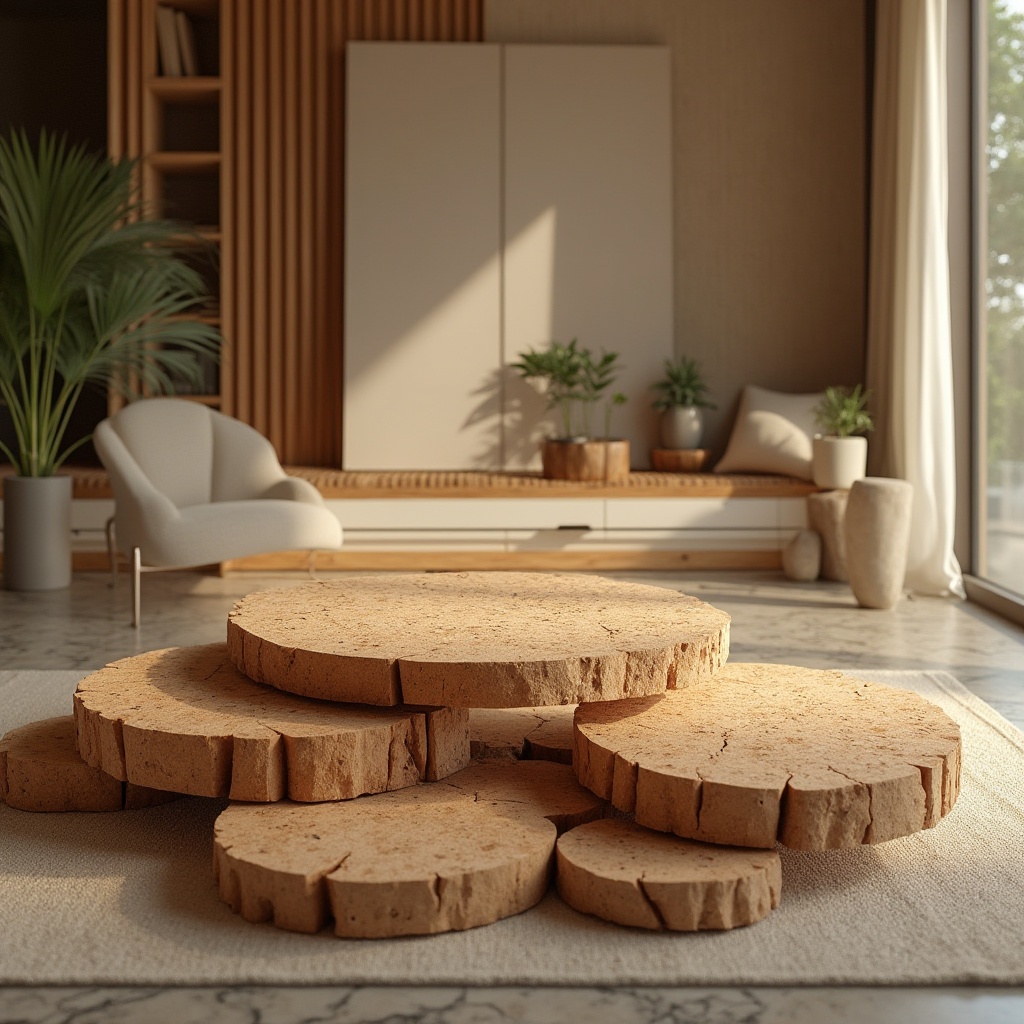 Prompt: Natural cork material, sustainable design, earthy tone, organic texture, smooth surface, irregular edges, natural patterns, warm ambiance, cozy atmosphere, modern interior, living room, coffee table, decorative accents, natural lighting, soft shadows, 3/4 composition, shallow depth of field.