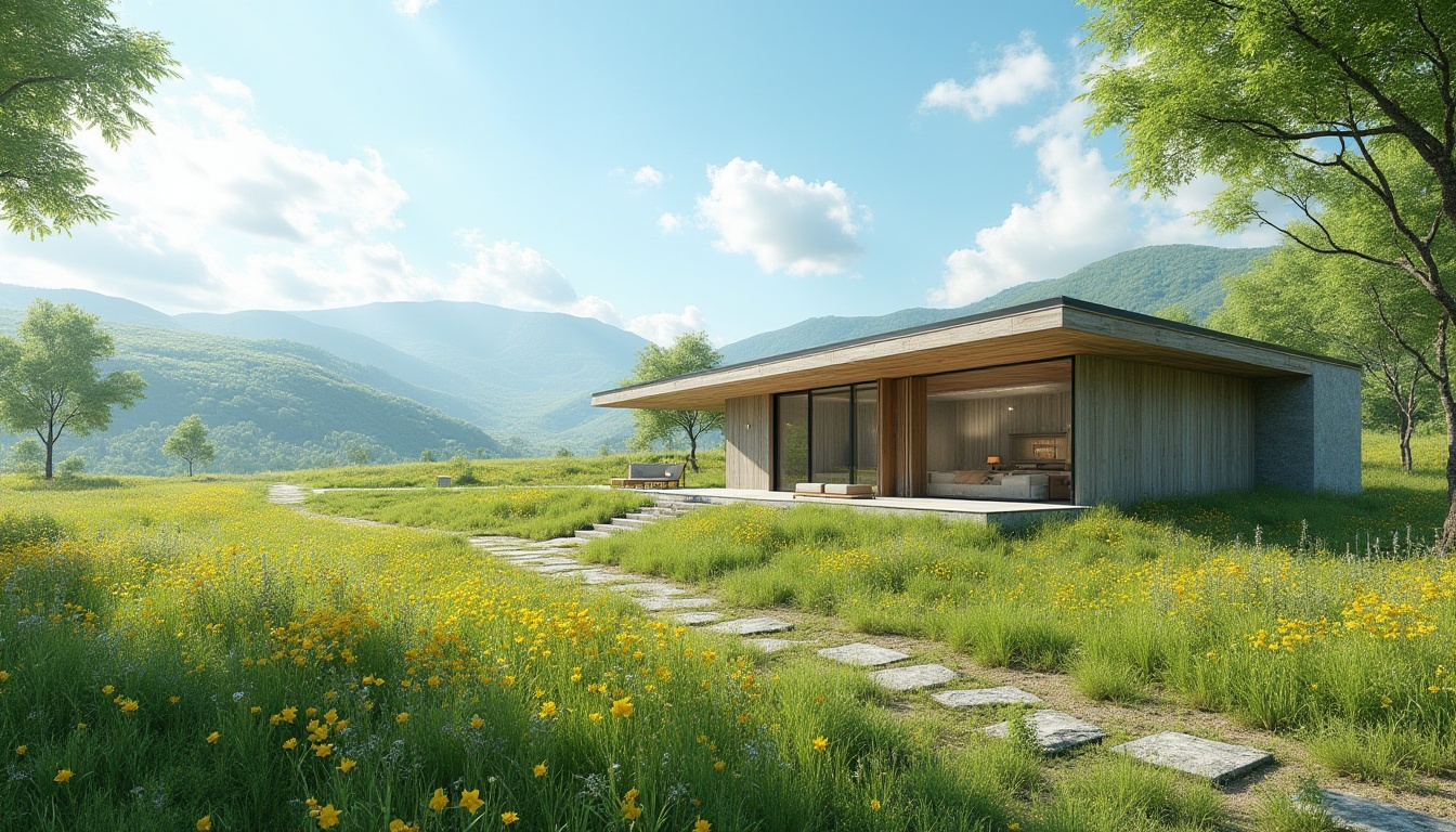 Prompt: Villa, modern architecture, natural meadows, rolling hills, green grass, wildflowers, blooming in vibrant colors, trees, scattered, solo, sunny day, clear blue sky, white clouds, gentle breeze, peaceful atmosphere, stone pavement, leading to entrance, large windows, wooden doors, minimalist design, harmony with nature, 3/4 composition, panoramic view, soft natural light, cinematic mood.