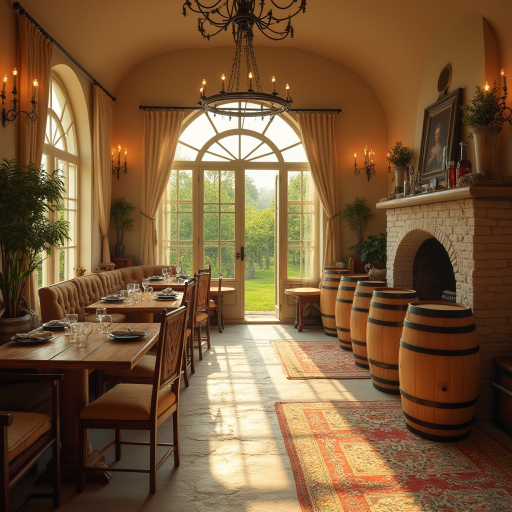 Prompt: Warm winery atmosphere, cream-colored walls, wooden barrels, wine glasses, dim warm lighting, cozy seating area, rustic wooden tables, vintage wine-making equipment, soft beige curtains, flower-patterned rugs, classic chandelier, large stone fireplace, lush green vines outside, sunny afternoon, natural light pouring through large windows, relaxed mood, inviting ambiance.