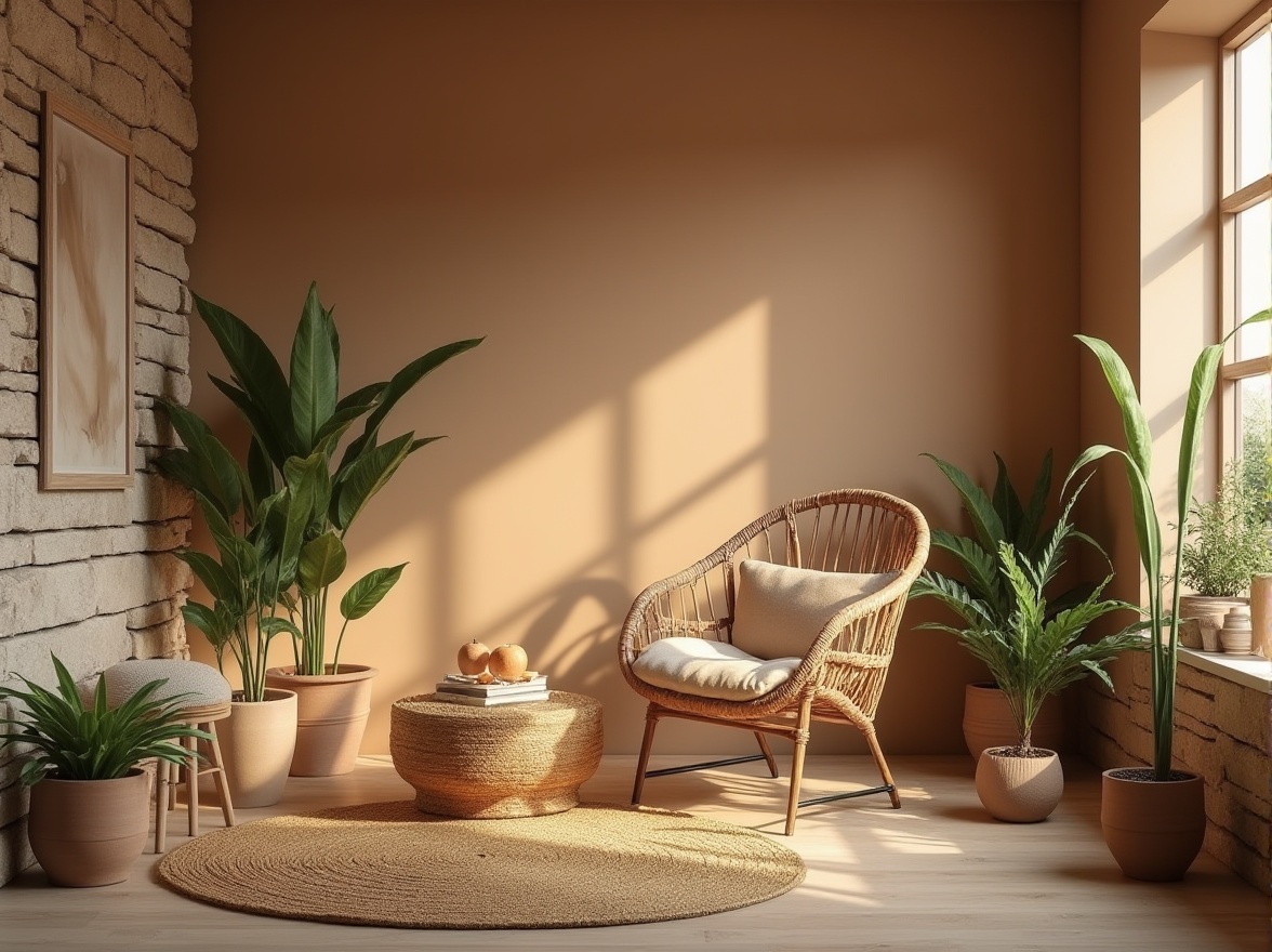 Prompt: Earth tone interior, brown color palette, tranquil atmosphere, cozy ambiance, wooden furniture, wicker armchair, natural textiles, jute rug, potted plants, greenery, warm lighting, soft shadows, minimalist decor, rustic accents, stone wall, earthy scent, serene mood, 3/4 composition, natural light, soft focus, filmic texture.