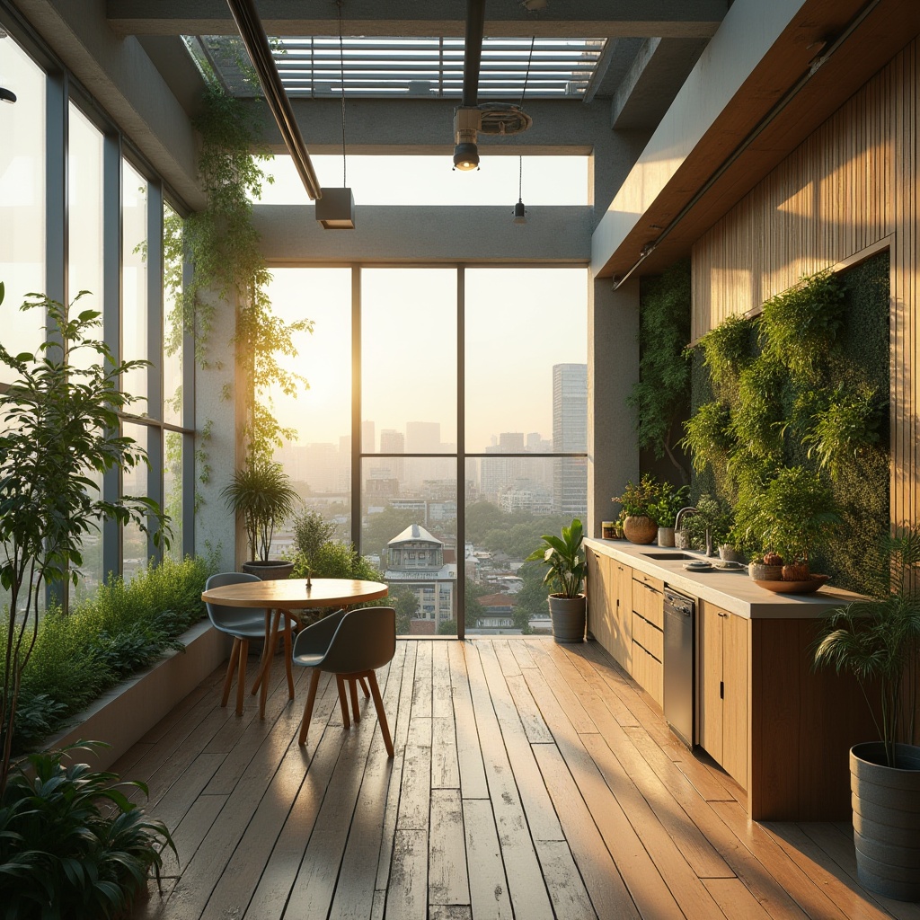 Prompt: Eco-friendly loft social housing, modern minimalist design, large windows, natural light, green roof, solar panels, rainwater harvesting system, recycling bins, composting area, bamboo flooring, reclaimed wood accents, energy-efficient appliances, vertical garden, living wall, communal rooftop garden, panoramic city view, urban landscape, morning sunlight, soft warm lighting, 3/4 composition, cinematic atmosphere.