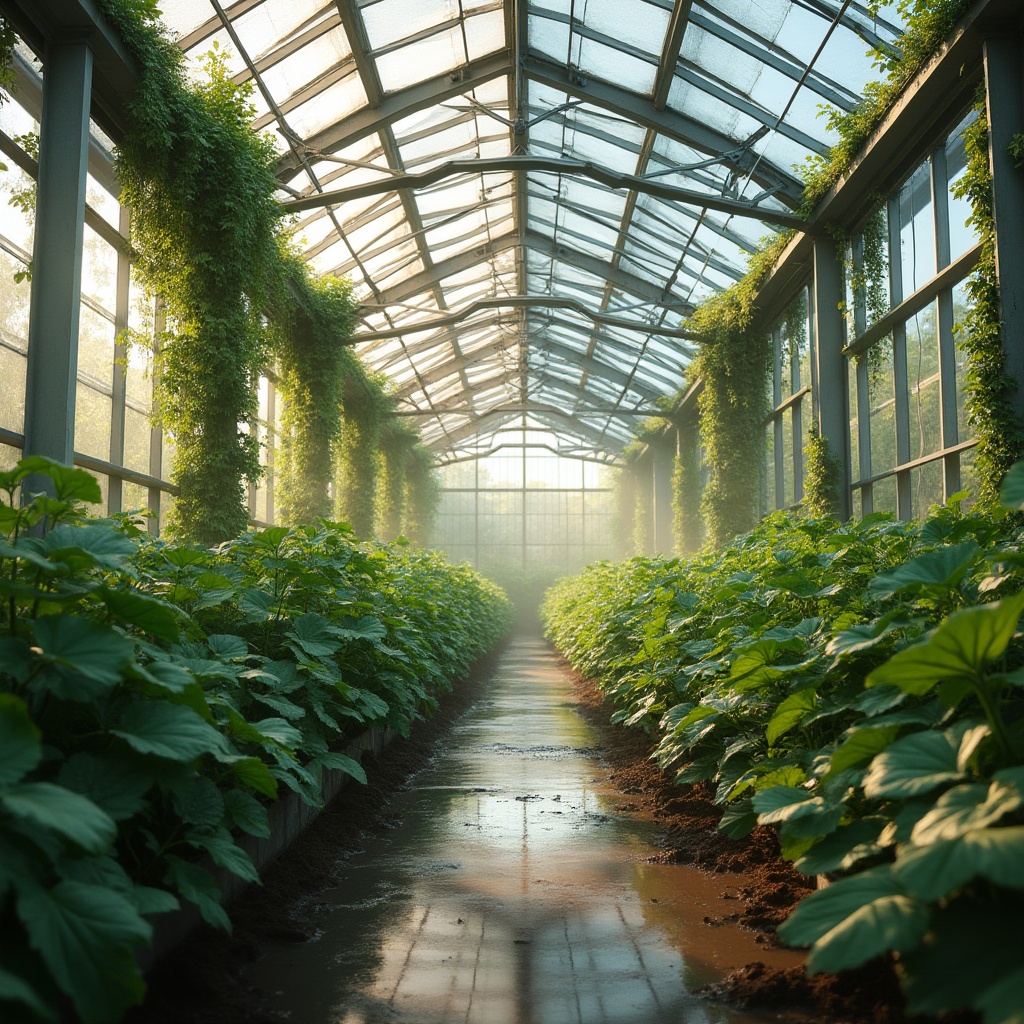 Prompt: Modern greenhouse, steel frame structure, transparent glass walls, curved roof, lush greenery inside, vines climbing up pillars, warm natural light, misting system, automated watering, modern agricultural technology, sleek metallic beams, reflective surface, futuristic ambiance, soft focus, morning dew, serene atmosphere, shallow depth of field, natural color palette, subtle textures.