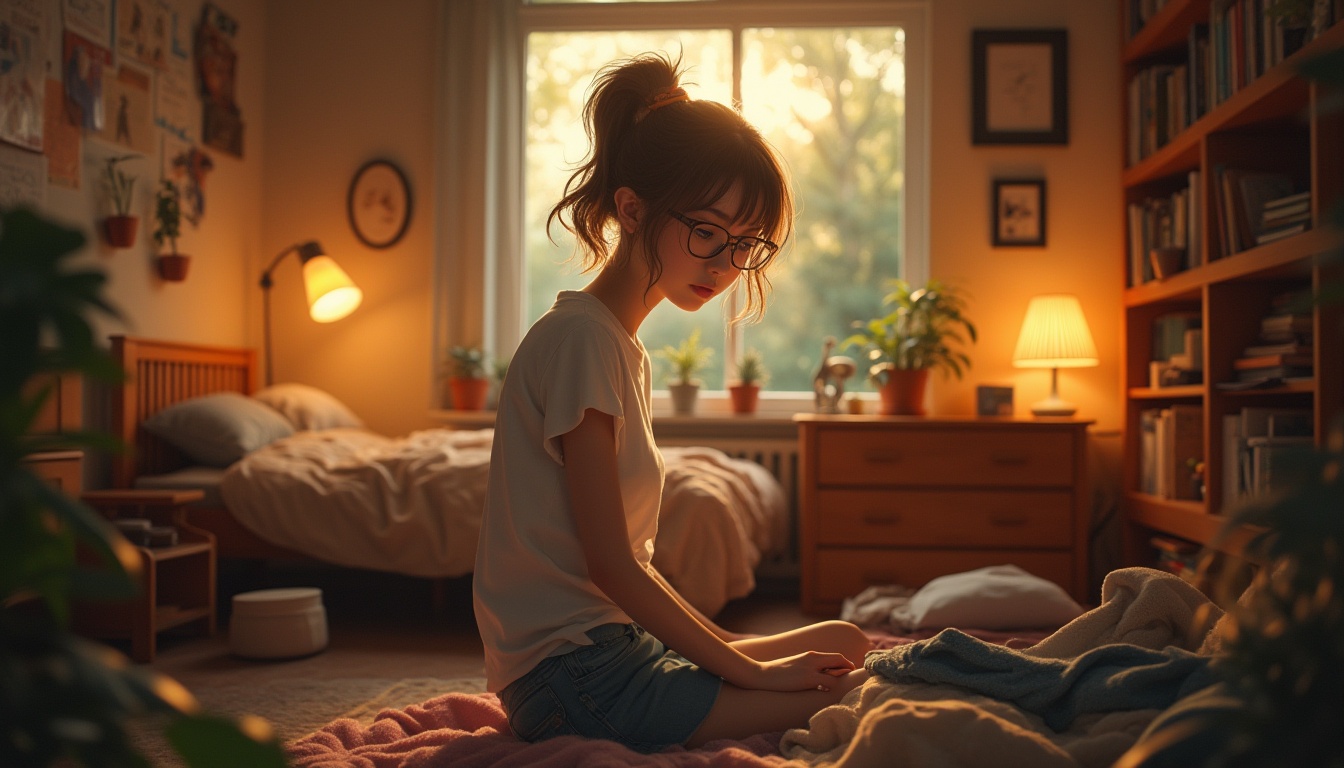 Prompt: cozy dorm room, warm lighting, comfortable atmosphere, solo girl, 18yo, casual wear, ponytail, glasses, bookshelf, desk lamp, softbox lights, warm color tone, wooden furniture, plants, messy bed, scattered clothes, morning sunlight, gentle glow, subtle shadows, warm ambient light, cinematic composition, realistic texture.