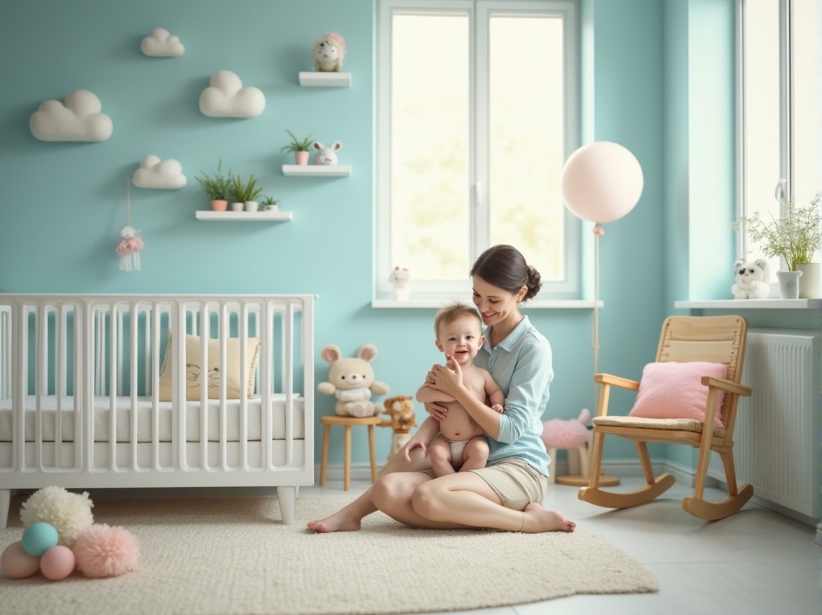 Prompt: Trendy nursery, baby blue walls, white crib, wooden rocking chair, fluffy cloud-shaped pillows, pastel-colored balloons floating near ceiling, soft natural light pouring through large window, greenery plants on shelf, modern minimalist decor, gentle motherly figure sitting on the floor, playing with a happy baby, smiling face, gentle hands, tender moment, shallow depth of field, warm color tone, cozy atmosphere.