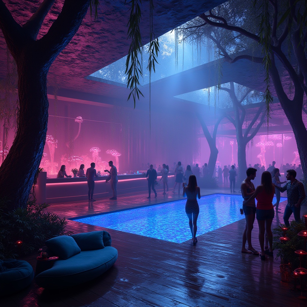 Prompt: Neon-lit nightclubs, futuristic architecture, wetland environments, misty atmosphere, eerie fog, twisted mangrove trees, glowing mushrooms, bioluminescent plants, iridescent water reflections, shimmering lights on the dance floor, DJ booth made of reclaimed wood, luxurious velvet couches, VIP area with private pool, bar counter adorned with glowing jellyfish, cocktail glasses with LED ice cubes, patrons in trendy outfits, dancing, laughing, and having fun, strobe lights flashing, 3/4 composition, low-angle shot, cinematic lighting, depth of field, vibrant colors, HDR.