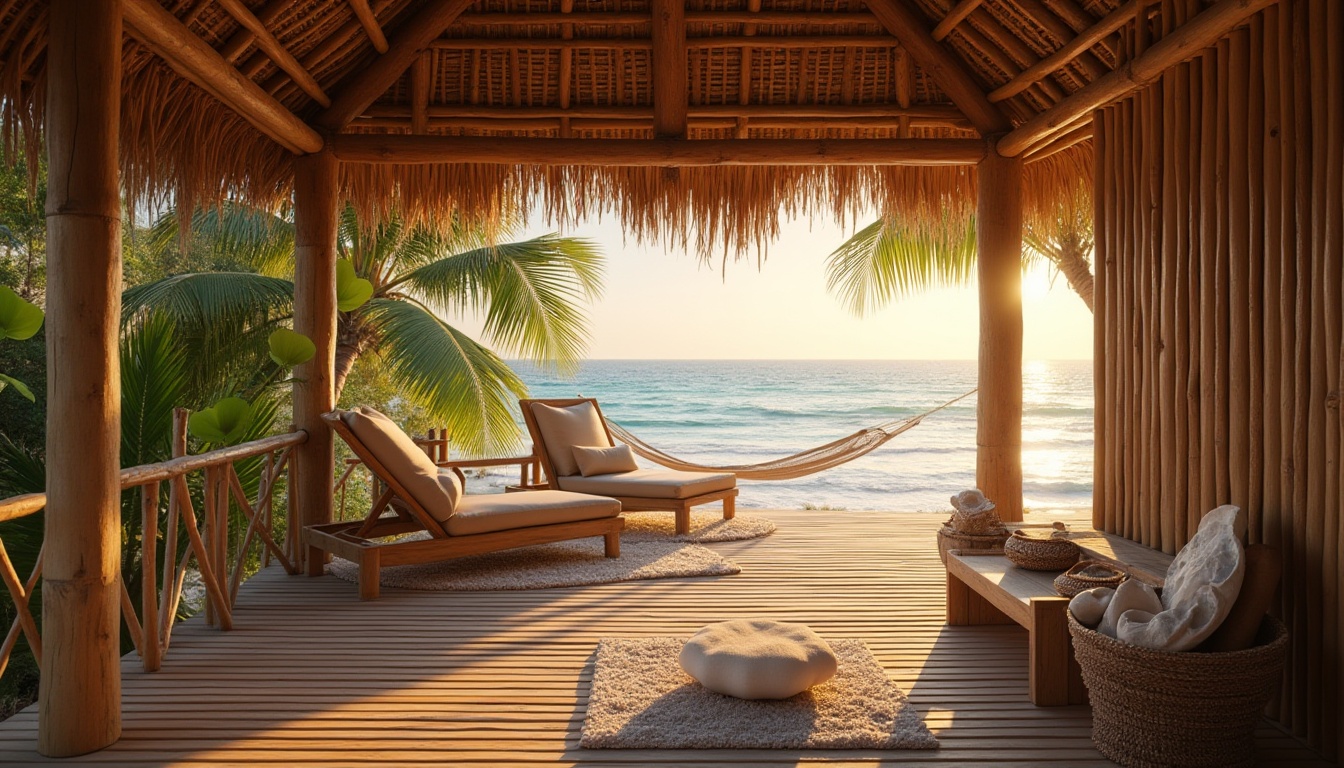 Prompt: Beachside bamboo hut, tropical island, serene atmosphere, natural materials, woven bamboo walls, thatched roof, driftwood accents, nautical ropes, oceanview deck, beach chairs, hammock, seashells decorations, palm trees swaying, sunset warm light, golden hour, 3/4 composition, soft focus, shallow depth of field.