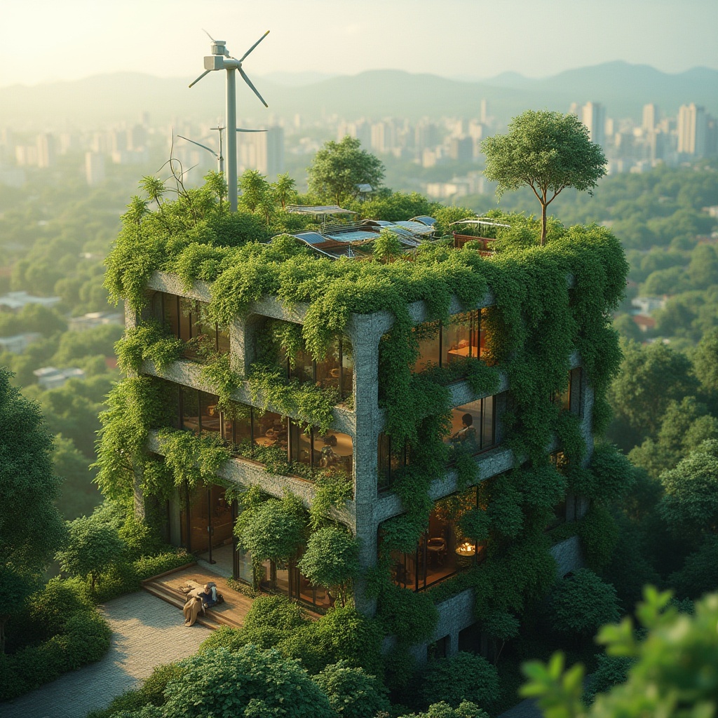 Prompt: Eco-friendly organic architecture, modern sustainable building, lush green roof, vines crawling up walls, solar panels, wind turbines, recyclable materials, natural stone, reclaimed wood, living walls, urban farm, vertical garden, green urban planning, futuristic cityscape, morning dew, soft warm light, shallow depth of field, panoramic view, 3/4 composition, vibrant colors, ambient occlusion.