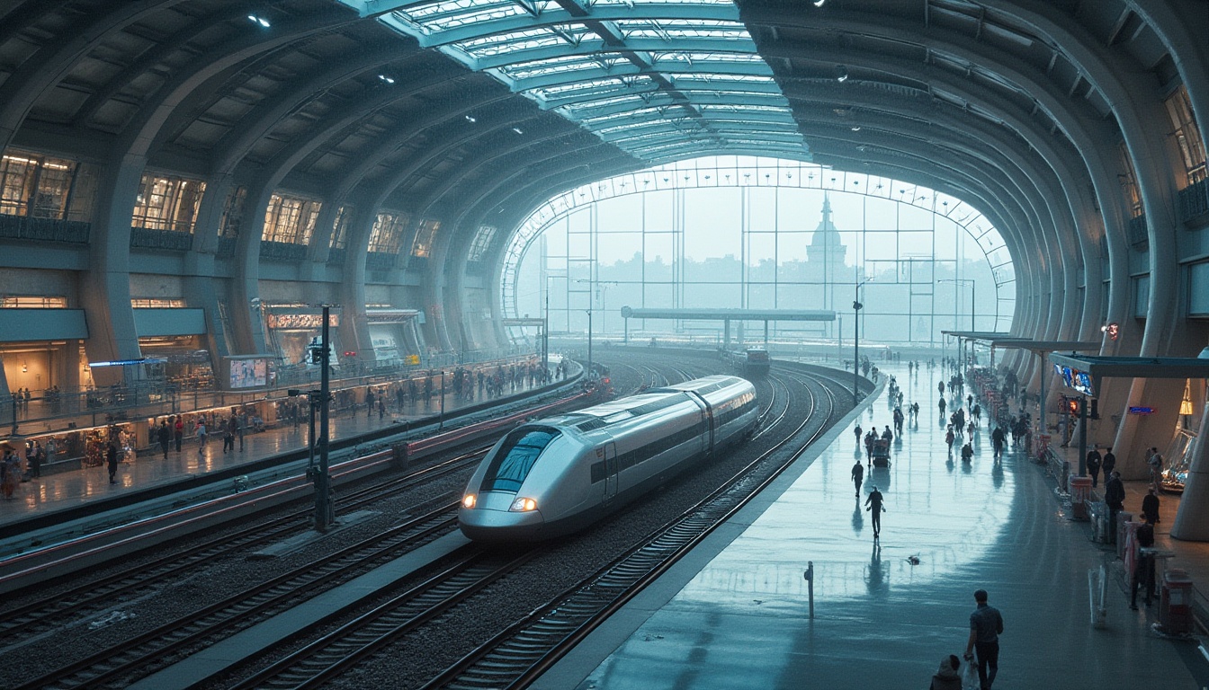 Prompt: Modern transportation hub, futuristic architecture, steel beams, glass ceilings, minimalist interior design, sleek lines, angular shapes, concrete flooring, urban landscape, cityscape, busy streets, blurred motion, rainy day, softbox lighting, high-angle shot, symmetrical composition, brutalist elements, industrial textures, metallic materials, geometric patterns, dynamic atmosphere.