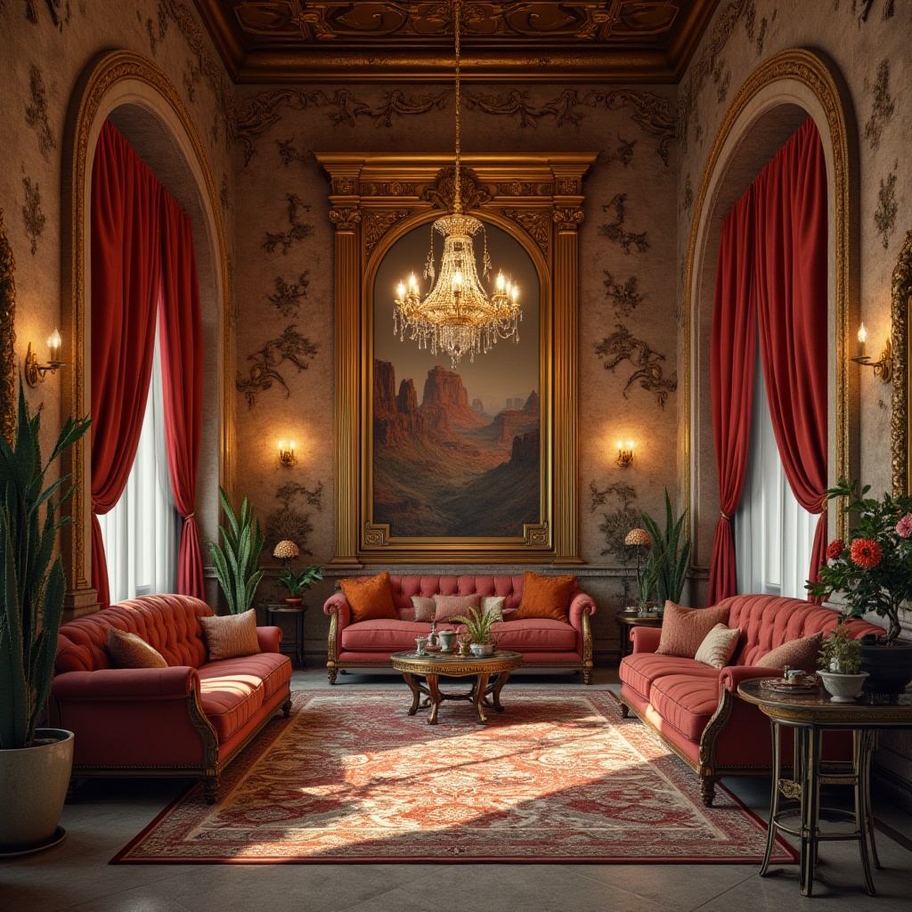 Prompt: Luxurious baroque interior, grand canyon-inspired architecture, ornate golden frames, crimson velvet drapes, intricate stone carvings, majestic chandelier, lavish furnishings, patterned rugs, rustic wooden accents, Southwestern desert plants, vintage maps on walls, warm ambient lighting, dramatic shadows, 3/4 composition, close-up of detailed textures.