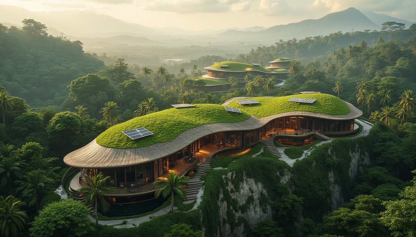 Prompt: Organic architecture, futuristic buildings, green roofs, curved lines, natural materials, sustainable design, eco-friendly, solar panels, wind turbines, lush vegetation, tropical forests, bamboo structures, thatched roofs, mud huts, earthships, bioluminescent lighting, 3/4 composition, aerial view, panoramic shot, warm ambient light, cinematic atmosphere.