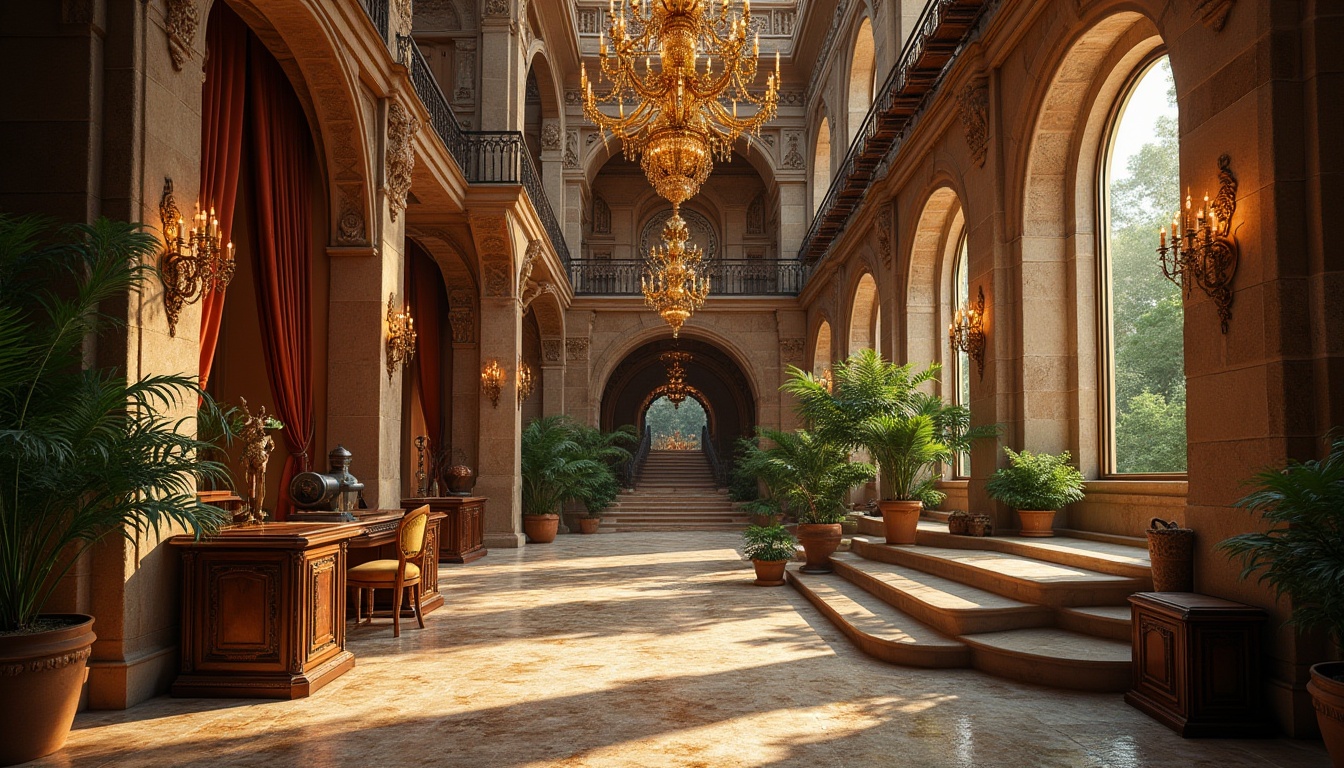 Prompt: Luxurious Baroque interior, grand canyon-inspired architecture, intricately carved stone walls, ornate golden chandeliers, lavish velvet drapes, majestic wooden furniture, rustic earthy tones, natural stone flooring, dramatic archways, sweeping staircases, lush greenery overflowing from hanging planters, warm soft lighting, 3/4 composition, cinematic ambiance, depth of field, opulent textures, rich patterns.