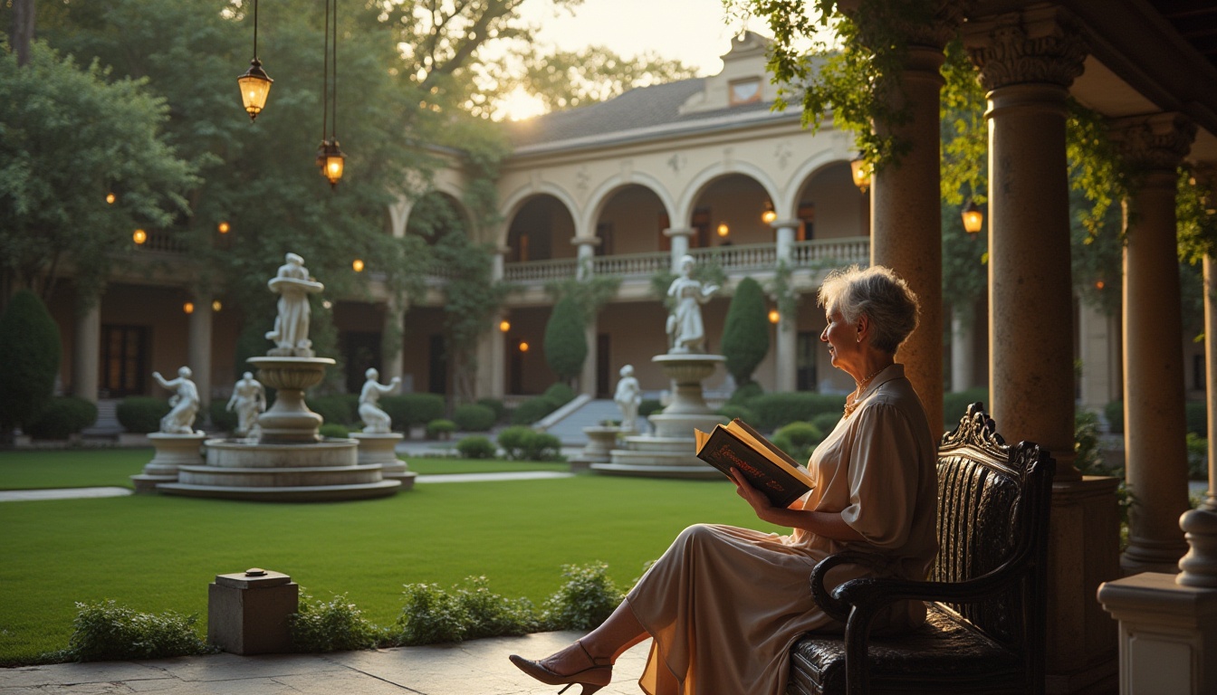 Prompt: Neoclassicism hostel, outdoor spaces, grand courtyard, symmetrical gardens, manicured lawn, ornate fountain, classical statues, marble benches, columns, arches, grand staircases, ivy-covered walls, lanterns, warm lighting, evening atmosphere, 3/4 composition, soft focus, depth of field, ambient light, cinematic, warm colors, luxury, elegance, mature lady, reading a book, sitting on a bench, surrounded by nature, peaceful ambiance.