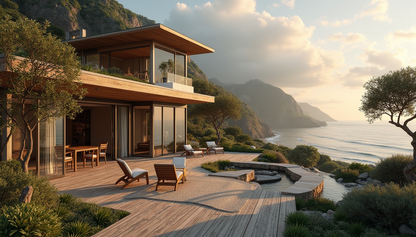 Prompt: Coastal villa, Mediterranean architecture, sustainable design, eco-friendly materials, recycled glass windows, solar panels, green roof, lush vegetation, succulent plants, wooden decks, driftwood accents, ocean views, seaside cliffside, waves crashing, sunset warm lighting, natural textures, earthy tones, minimalist decor, open floor plan, large windows, sliding glass doors, outdoor lounge area, reclaimed wood furniture, woven rattan chairs, jute rug, potted olive trees, seagulls flying overhead, dramatic cloud formations, warm afternoon light, 3/4 composition.