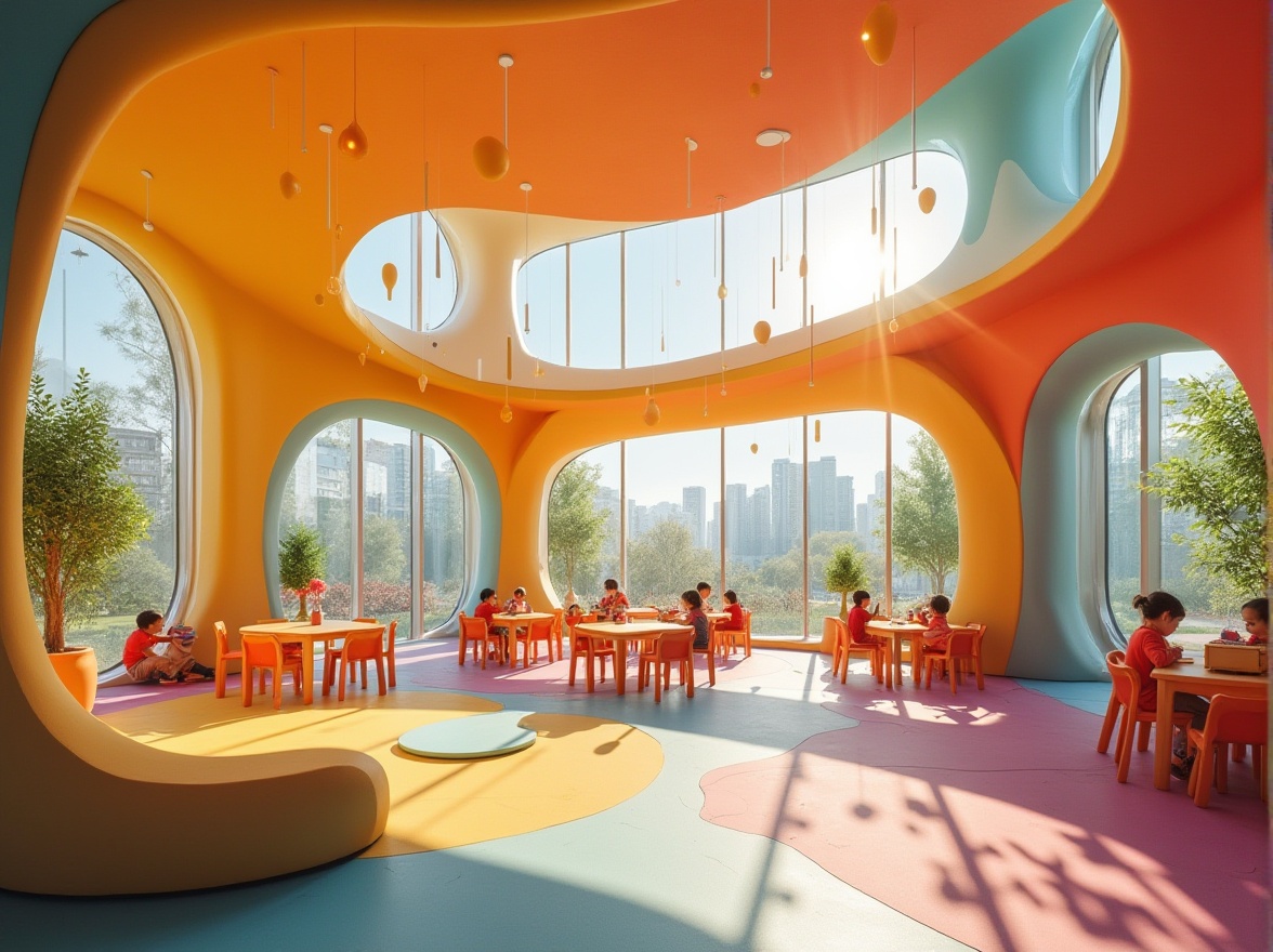 Prompt: Colorful kindergarten, experimental architecture, futuristic design, irregular shape, vibrant hues, abstract patterns, transparent glass walls, minimalist interior, wooden accents, playful furniture, children playing, learning materials scattered, bright lighting, natural light pouring in, 3/4 composition, shallow depth of field, warm and soft ambient light, cinematic atmosphere.