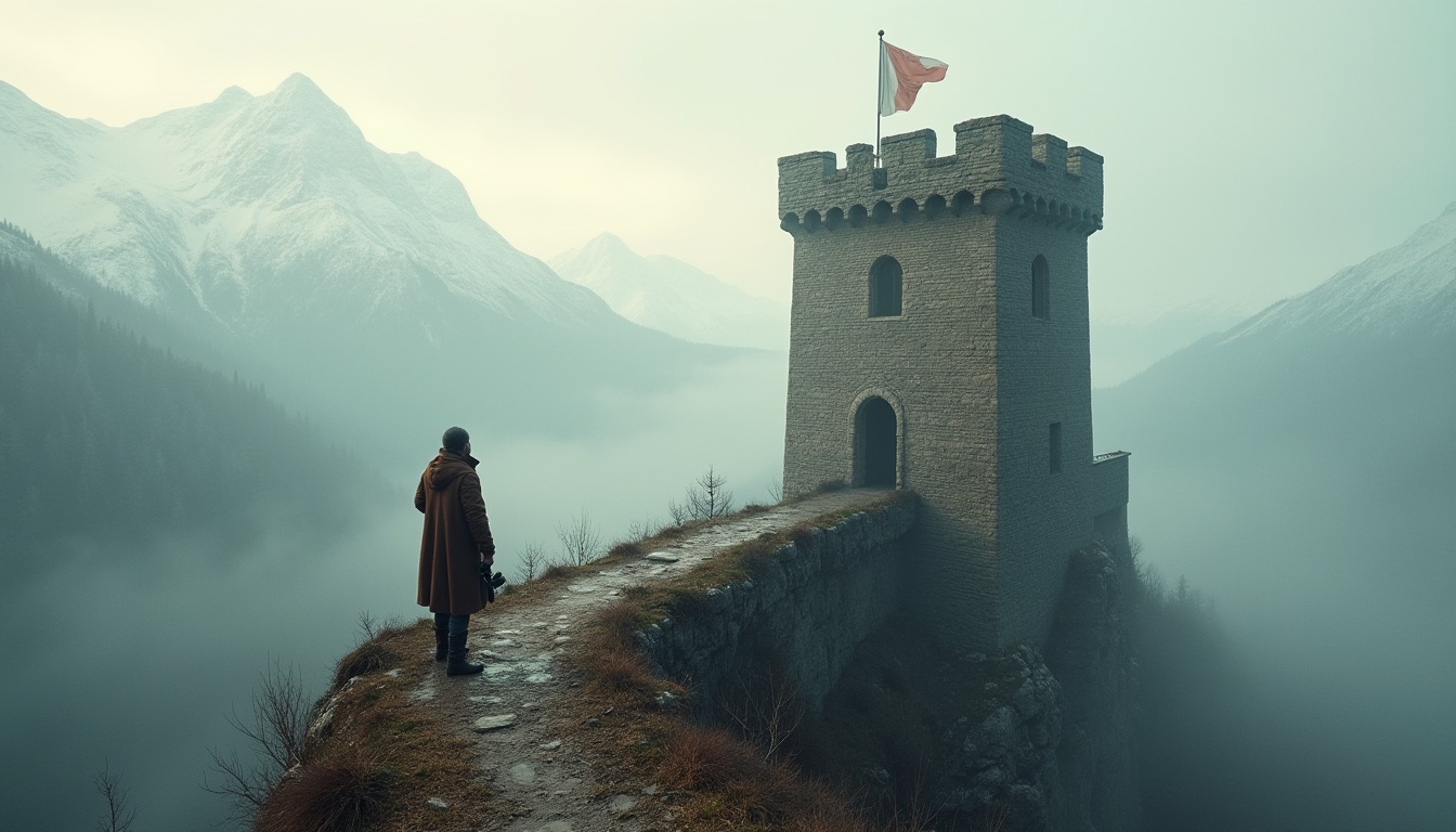 Prompt: Watchtower, medieval fantasy, tall slender tower, stone brick walls, narrow windows, crenellations, flag on top, majestic, grandeur, misty morning, foggy atmosphere, mysterious, solitary figure standing at the edge, binoculars, leather gloves, brown cloak, boots, rugged terrain, mountainous background, snow-capped peaks, distant trees, mist rolling down the mountainside, cinematic composition, dramatic lighting, warm colors.