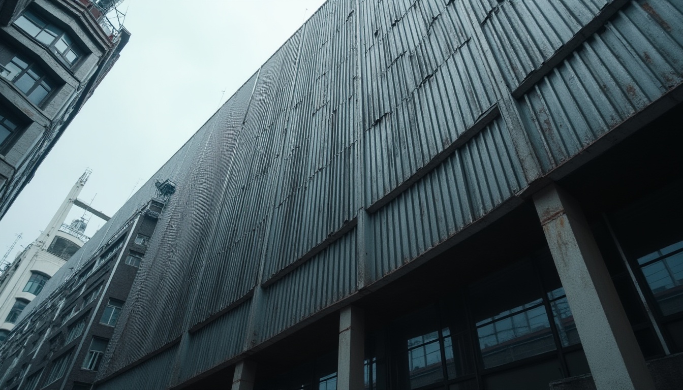 Prompt: Modern architecture, corrugated metal, building facade, urban cityscape, steel beams, industrial look, metallic texture, reflective surface, geometric patterns, angular lines, brutalist style, concrete columns, minimalist decor, urban jungle, overcast sky, dramatic lighting, low-angle shot, cinematic composition.