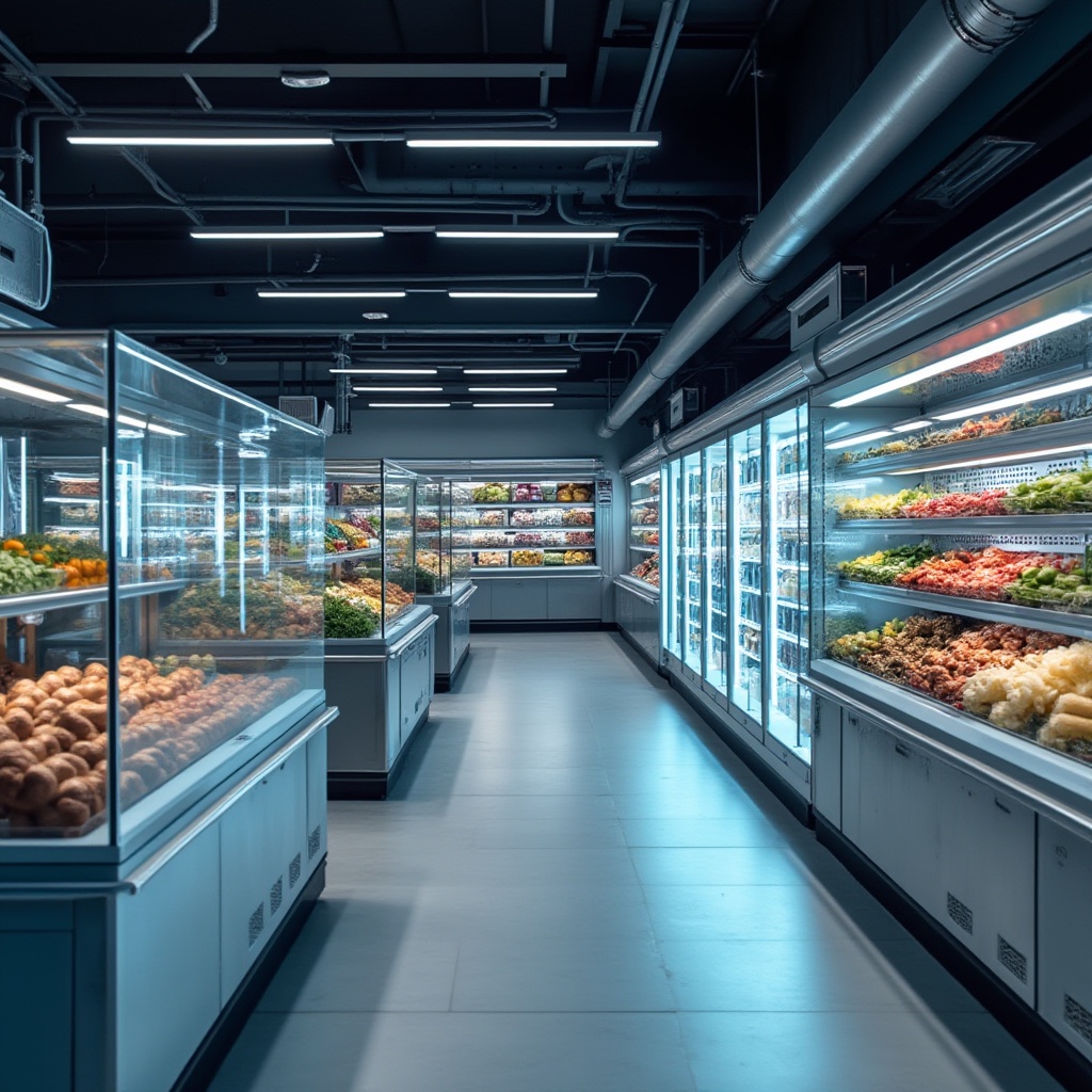 Prompt: Modern grocery store interior, high-tech features, futuristic atmosphere, sleek metal shelves, interactive digital displays, LED lights, virtual shopping assistant, self-checkout counters, robotic inventory management, smart refrigerators, automatic sliding doors, glass walls, minimalist design, clean lines, stainless steel equipment, ambient lighting, 3/4 composition, shallow depth of field.