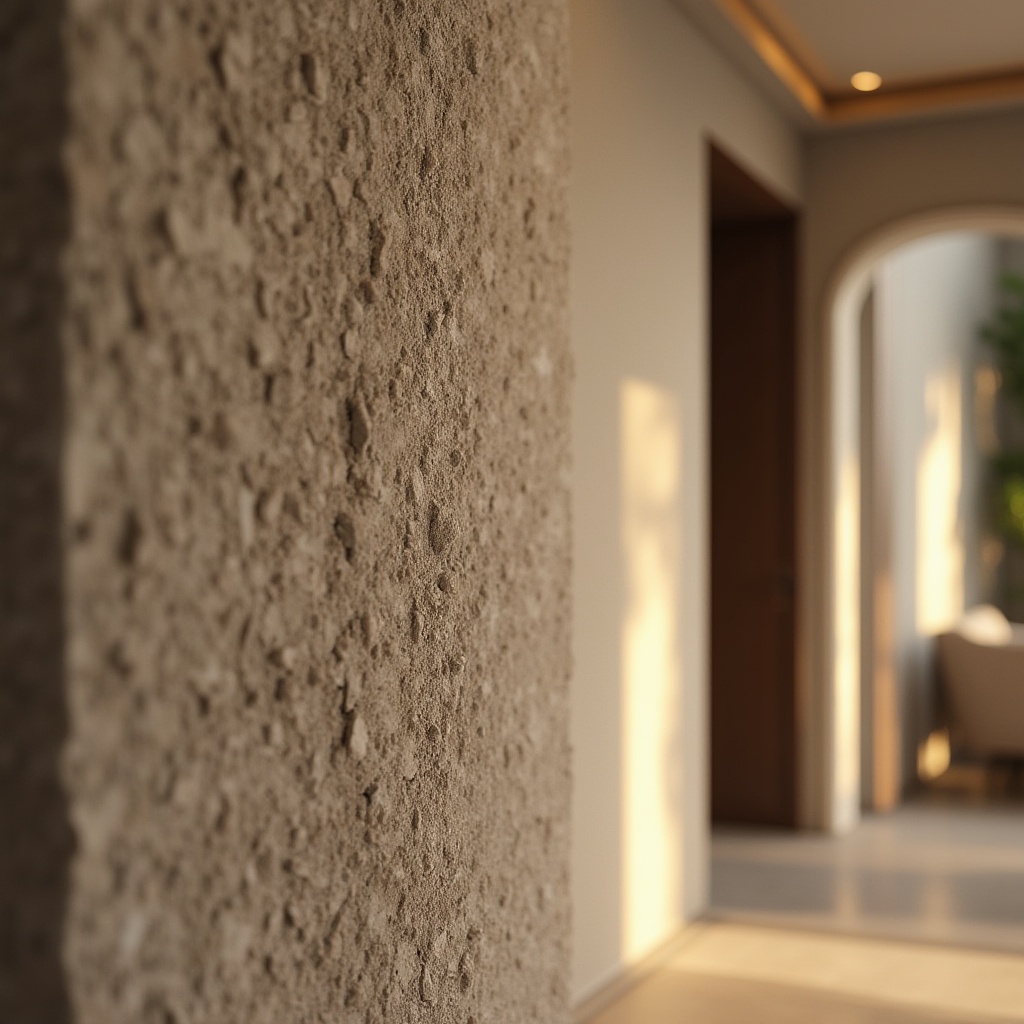 Prompt: Architectural detail, close-up, texture focus, interior design, modern villa, luxurious living room, feature wall, decorative plaster material, rough stucco finish, earthy color tone, warm ambient lighting, 3/4 composition, shallow depth of field, softbox lighting, realistic render, high dynamic range.