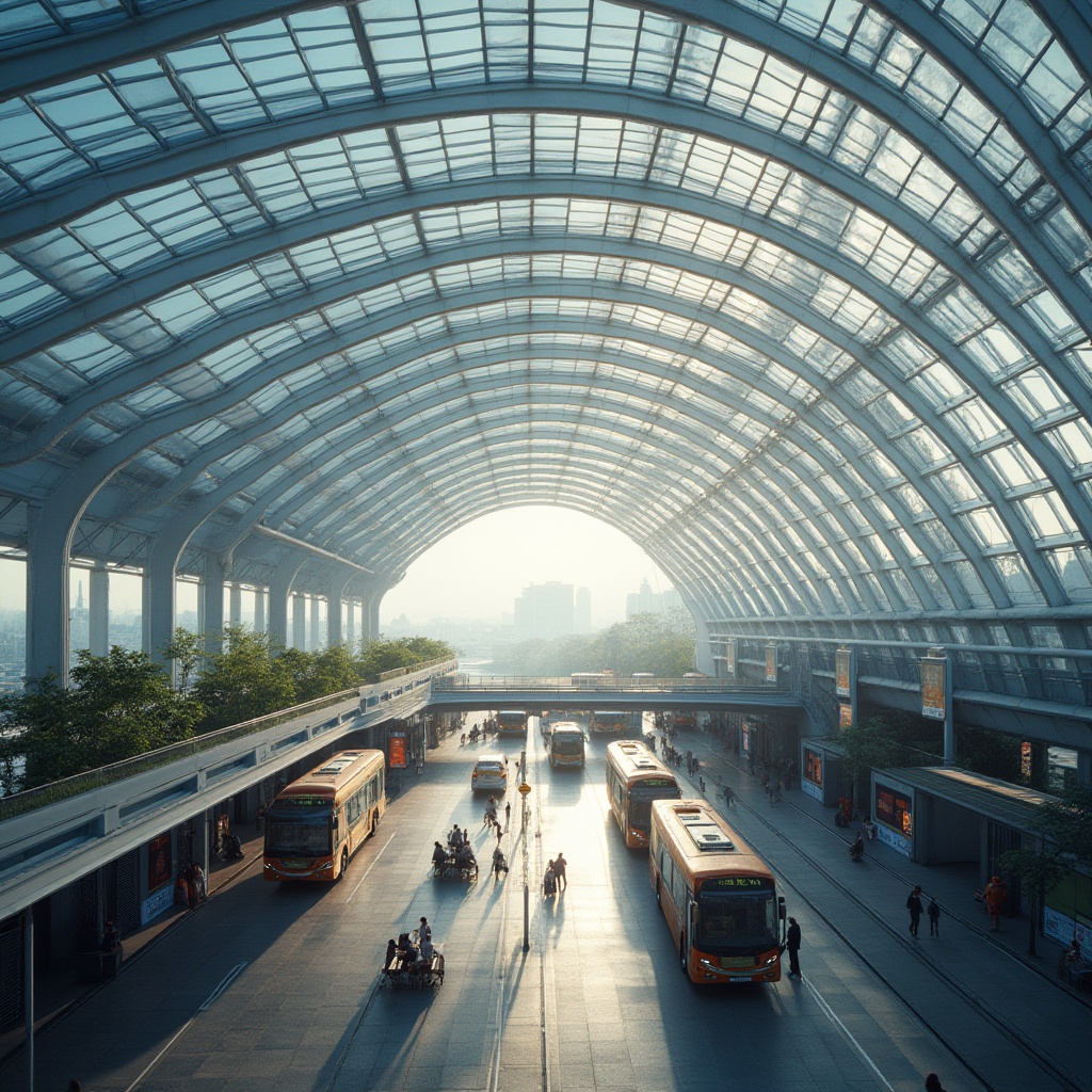 Prompt: Bus station, modern architecture, fibreglass roof, natural light, transparent material, sleek structure, minimalist design, urban setting, cityscape, morning sunlight, soft shadows, people walking, buses parked, waiting area, benches, advertisements, digital screens, futuristic ambiance, high ceiling, pillars, staircases, pedestrian bridge.