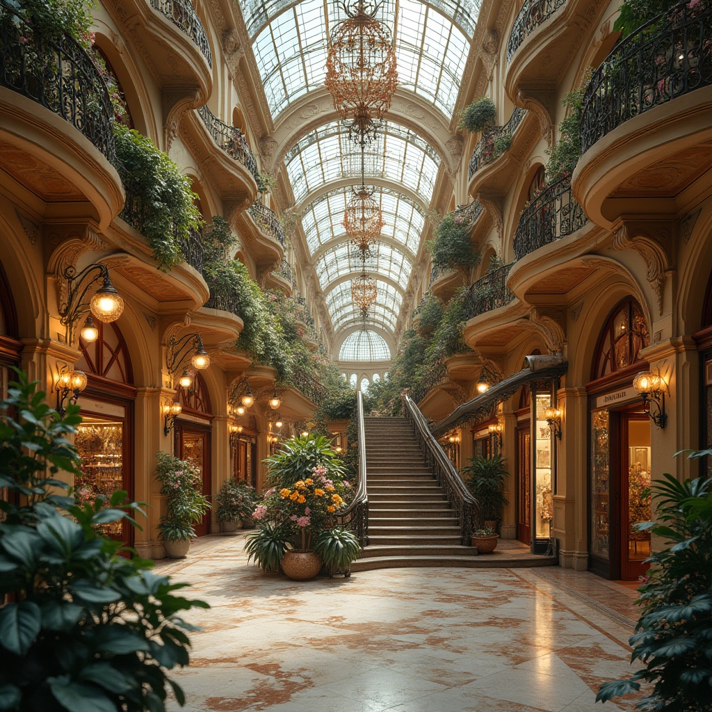 Prompt: Art Nouveau shopping center, bronze color accents, ornate metalwork, grand staircase, flowing curves, luxurious atmosphere, high ceiling, marble floors, intricate mosaics, lush greenery, pendant lamps, flower-patterned glass roof, natural light pouring in, warm ambiance, soft focus, elegant composition, 3/4 shot, depth of field, ornamental details, realistic texture.