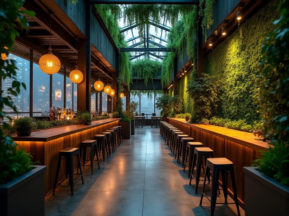 Prompt: Trendy urban bar, green architecture, rooftop garden, lush vines, modern minimalism, sleek lines, LED lighting, glass walls, steel beams, concrete floors, reclaimed wood accents, living green wall, vertical garden, hanging plants, industrial chic decor, metal stools, wooden tables, neon signs, cityscape view, nighttime atmosphere, soft focus, warm tone, 3/4 composition, shallow depth of field.