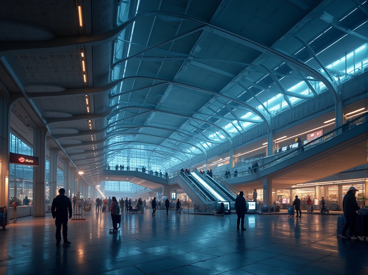 Prompt: Futuristic transportation hub, structuralist architecture, geometric shapes, clean lines, minimalist aesthetic, steel beams, glass facade, modern LED lighting, bustling atmosphere, busy travelers, luggage carts, escalators, stairs, urban landscape, cityscape, metropolitan area, concrete pavement, street lamps, nighttime scene, low-angle shot, cinematic composition, dramatic shadows, high-contrast lighting, deep depth of field.