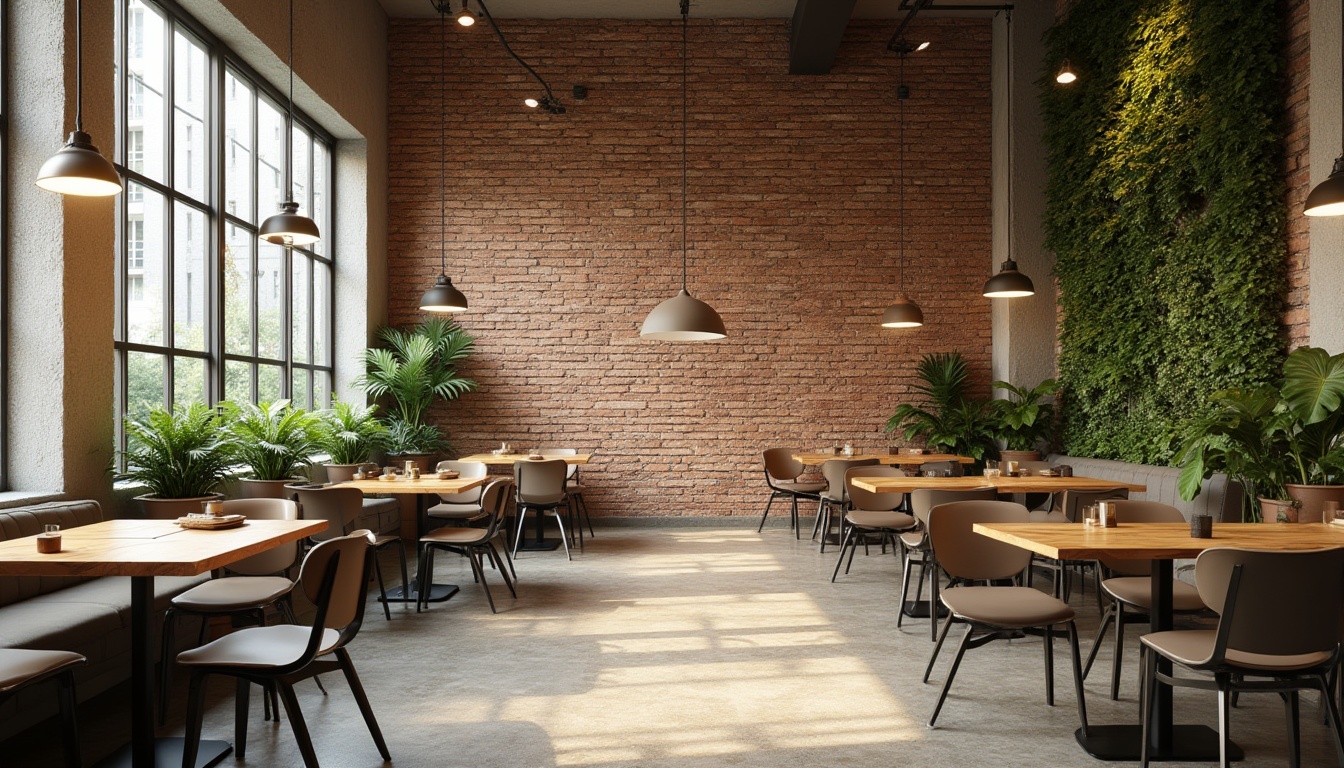 Prompt: Restaurant interior, masonry material, exposed brick wall, warm beige tone, rustic texture, natural stone floor, wooden tables, metal chairs, pendant lamp, greenery, living wall, vertical garden, modern minimalist decor, industrial chic style, high ceiling, large windows, urban city view, daytime, soft natural light, shallow depth of field.