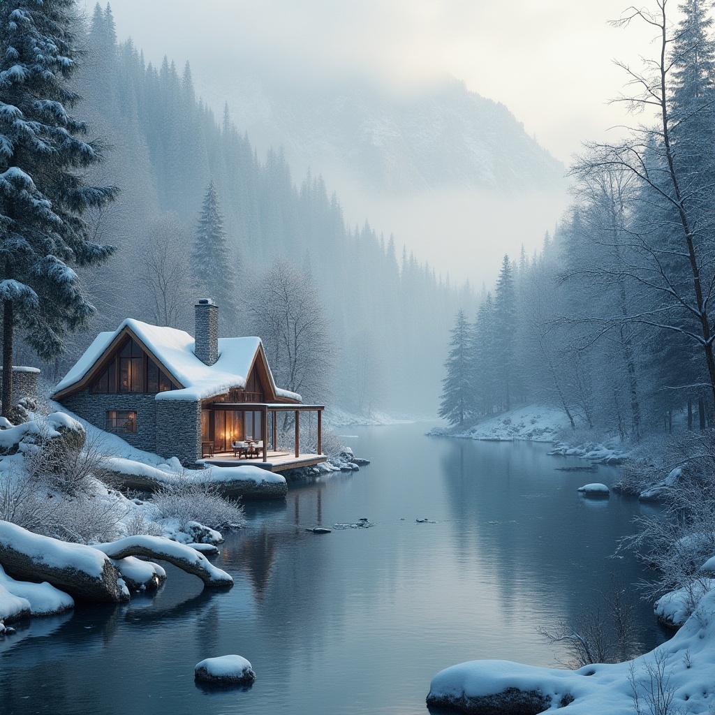 Prompt: Winter riverbank, housing design, snow-covered roofs, frozen river, icy trees, frosty air, serene atmosphere, soft mist, warm lighting, cozy interior, wooden furniture, stone walls, large windows, snowy mountain range, distant fog, peaceful morning, cold tone color palette, gentle composition, cinematic mood, misty forest, frozen waterfall.