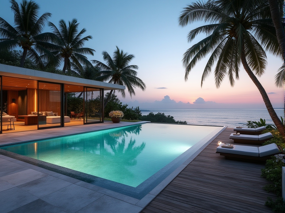 Prompt: Functional pool design, island setting, infinity edge, turquoise water, sleek modern lines, minimalist decor, outdoor lounge chairs, palm trees swaying gently, tropical flowers blooming, wooden decking, natural stone flooring, ambient lighting at dusk, warm glow of sunset, secluded beach area, private cabana, luxurious villa, breathtaking ocean view, panoramic composition, 3/4 angle shot.