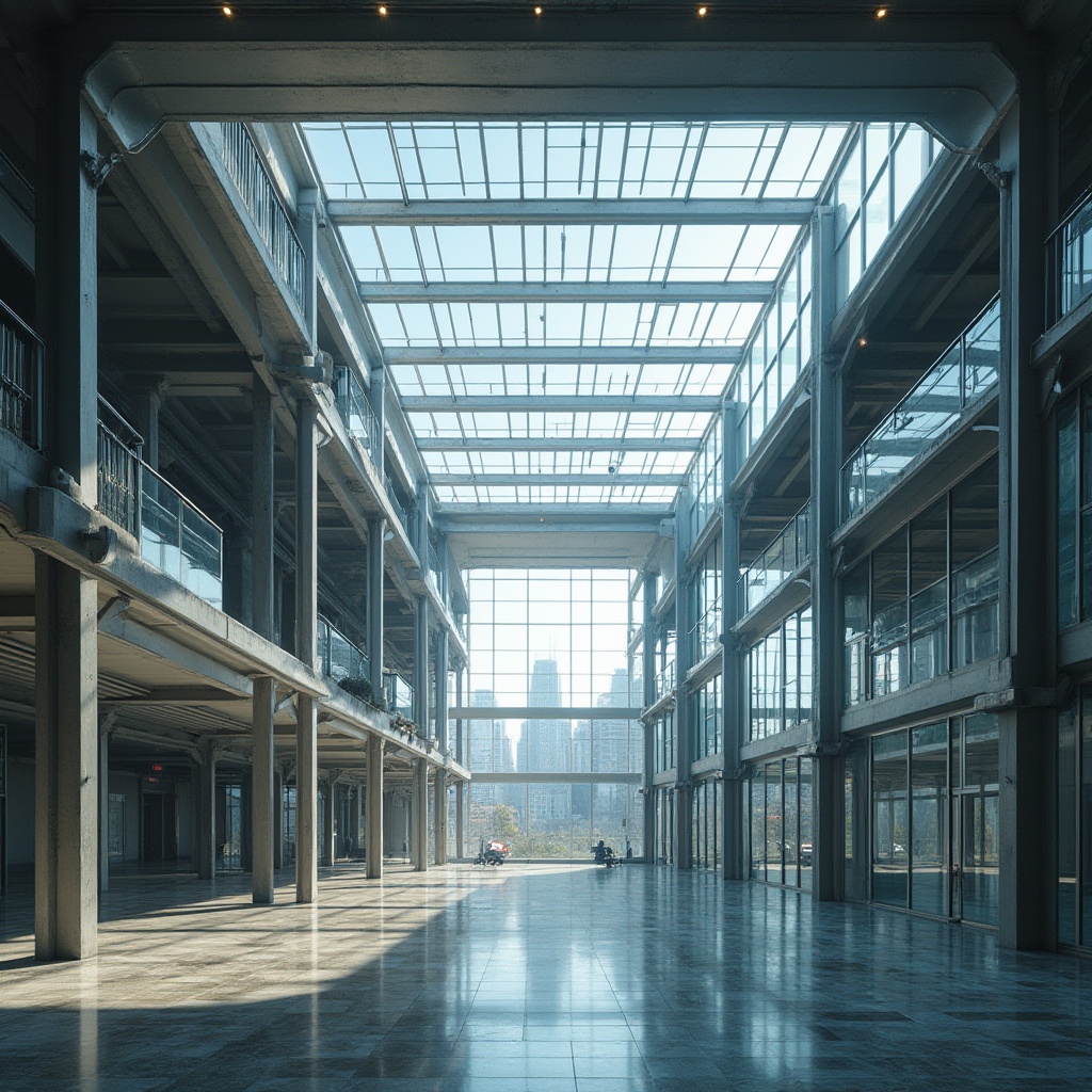 Prompt: Modern architectural building, steel-framed structure, urban landscape, cityscape, metropolitan area, skyscraper, high-rise building, sleek metallic material, industrial texture, sharp angles, geometric shape, reflective surface, glass windows, minimalist interior design, empty space, natural light pouring in, 3/4 composition, panoramic view, wide-angle shot, high-contrast lighting, cinematic mood.