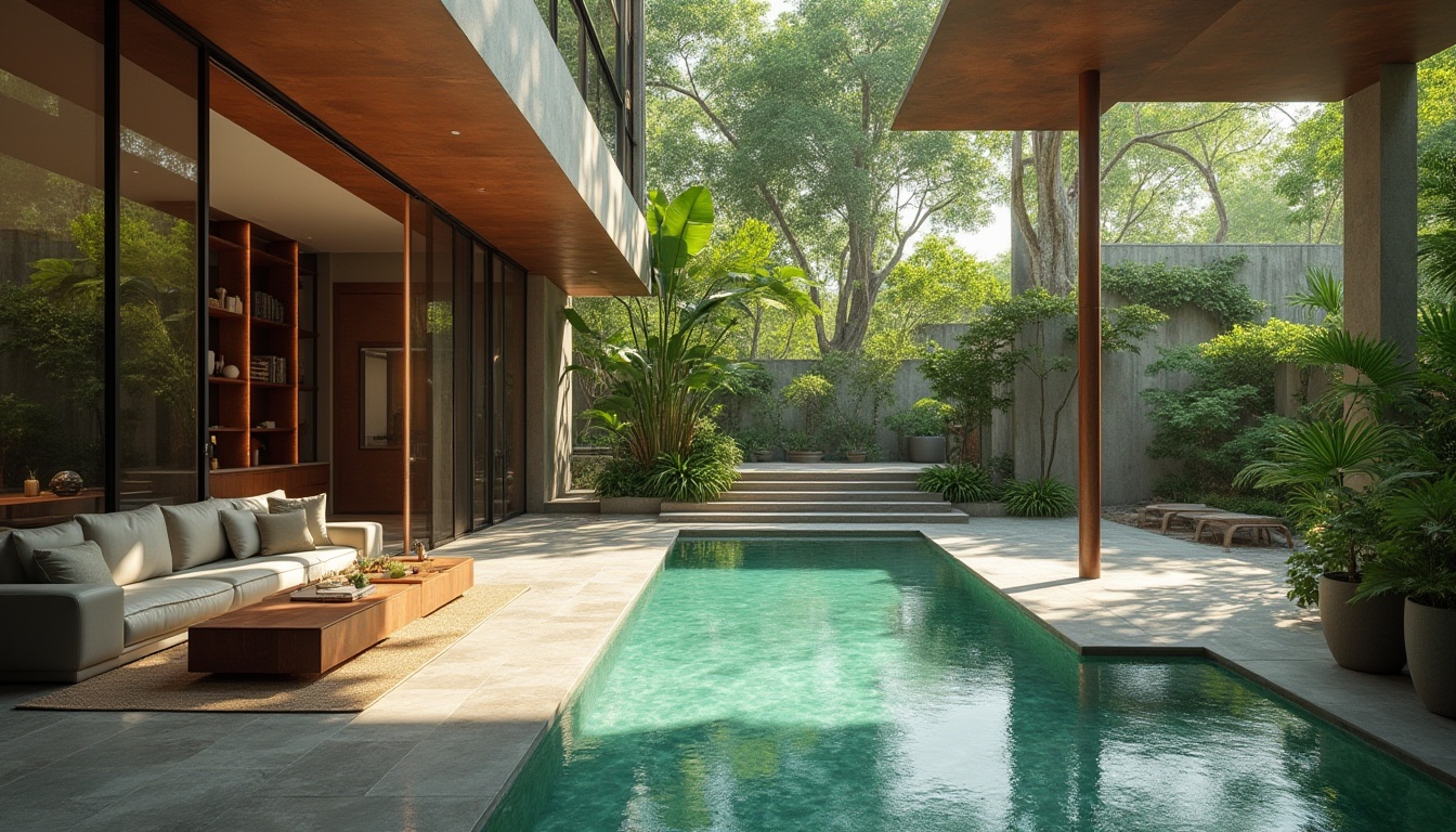 Prompt: Luxurious modern villa, incorporating malachite color, copper accents, sleek lines, glass walls, minimalist interior design, spacious open-plan living room, floor-to-ceiling windows, overlooking serene botanical garden, vibrant greenery, tropical plants, natural stone flooring, polished concrete walls, geometric patterns, 3/4 composition, panoramic view, soft warm lighting, cinematic ambiance, afternoon sun, subtle shadows.