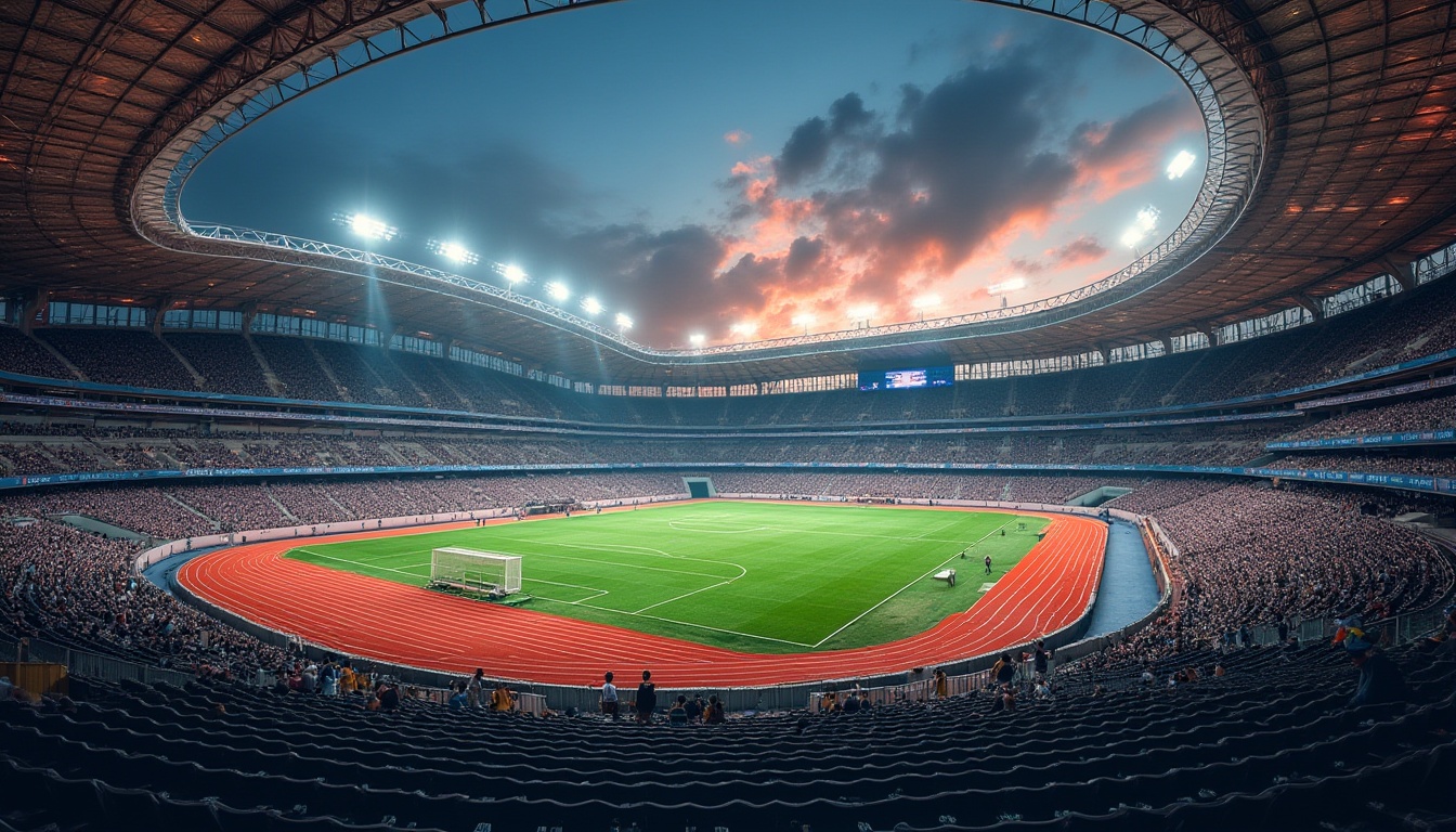 Prompt: Stadium, modern architecture, steel material, sleek lines, metallic texture, reflective surface, grandstand seating, athletic track, football field, goalpost, scoreboard, floodlights, night game, vibrant stadium lights, panoramic view, 3/4 composition, low-angle shot, dramatic lighting, urban landscape, cityscape, skyscrapers, concrete structure, steel beams, pillars, cantilever roof, grand entrance, VIP lounge, luxurious interior, marble floor, glass facade, sunset ambiance, warm golden light, soft focus.