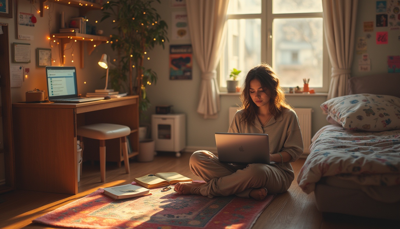 Prompt: Cozy dorm room, solo female student, messy hair, casual makeup, comfortable pajamas, worn-out sneakers, laptop on lap, scattered textbooks, coffee cup nearby, soft warm lighting, cluttered desk, personalized decorations, fairy lights, colorful rug, mini fridge, single bed with floral sheets, soft pillows, personal items on shelf, warm atmosphere, afternoon sunbeam.