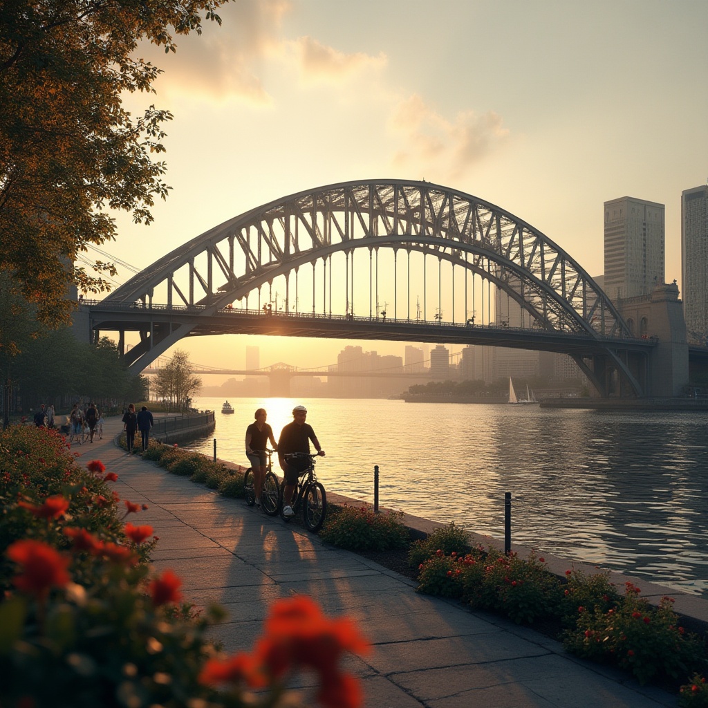 Prompt: International style bridge, evening time, golden hour, warm soft lighting, steel arches, modern minimalist design, clean lines, geometric shapes, river flowing beneath, cityscape in the distance, skyscrapers and high-rise buildings, lush greenery on both banks, vibrant flowers blooming, pedestrians strolling, cyclists riding, sailboats sailing, misty atmosphere, atmospheric perspective, cinematic composition, depth of field, 3/4 angle, low-angle shot.