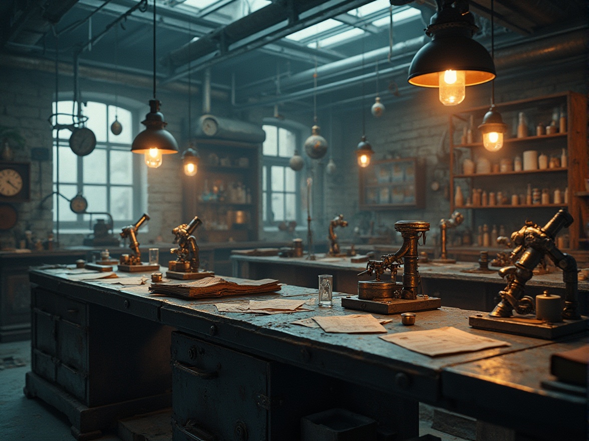 Prompt: Laboratory constructivism style, futuristic laboratory, sleek metal tables, intricate machinery, neon lights, test tubes, beakers, microscopes, pipettes, worn leather-bound notebooks, scattered papers, steampunk elements, vintage sci-fi, distressed wood shelves, old clocks, mysterious artifacts, foggy atmosphere, soft misty lighting, cinematic composition, shallow depth of field, 3/4 shot, warm color tone, rusty metallic texture.