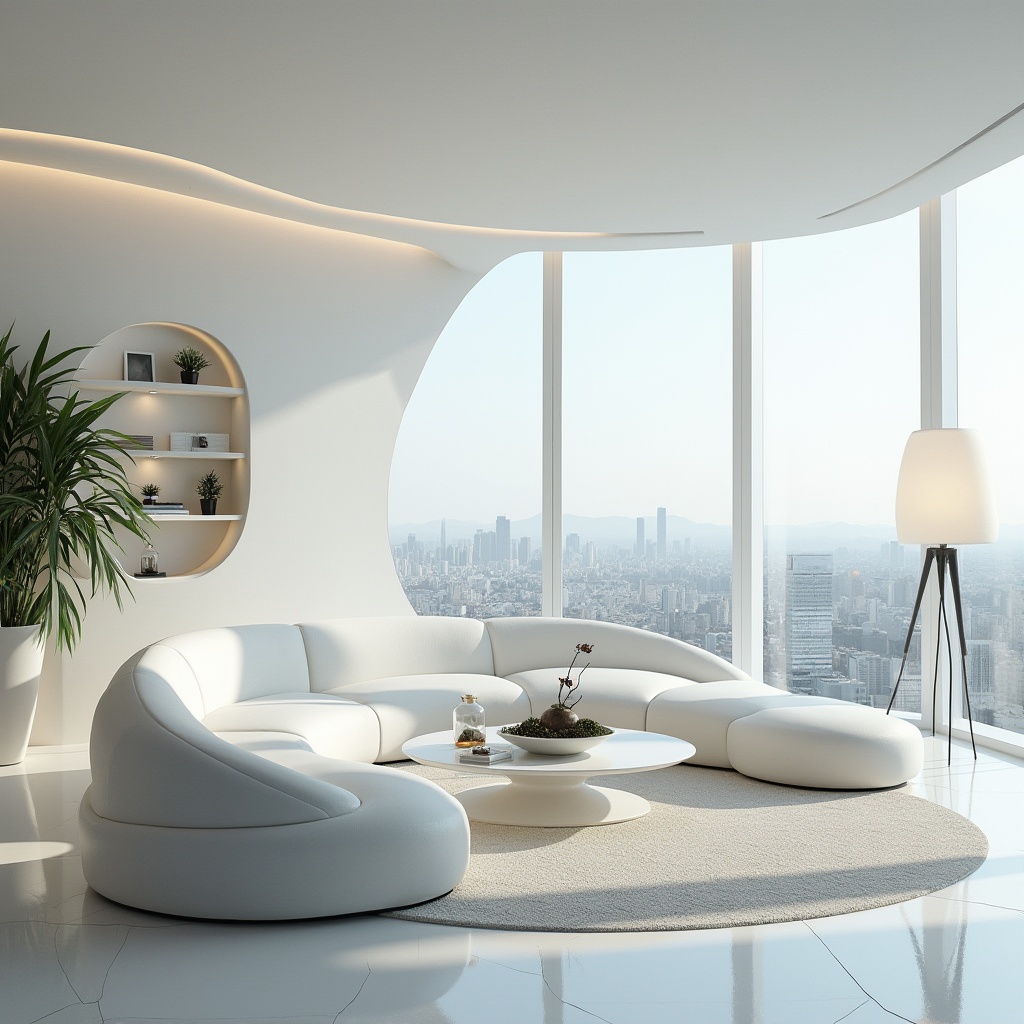 Prompt: Futuristic interior design, modern living room, fiberglass material, white sofa, curved lines, transparent coffee table, floor lamp with fiberglass shade, plants on shelves, minimalist decorations, large windows, cityscape view, daylight, softbox lighting, 3/4 composition, shallow depth of field, sleek and modern atmosphere.