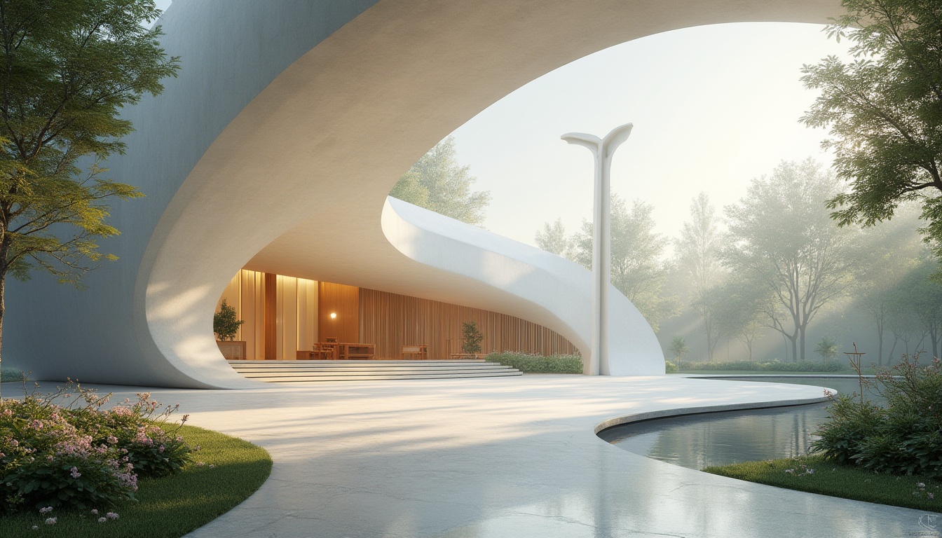 Prompt: Streamlined Modern Church, elegant curves, minimalist architecture, white concrete walls, large glass windows, steel beams, subtle lighting, serene atmosphere, morning mist, soft sunbeams, lush greenery surroundings, blooming flowers at entrance, gentle water features, peaceful ambient sound, cinematic composition, low-angle shot, symmetrical framing, natural textures, clean lines, abstract sculptures, modern cross, luxurious interior, wooden pews, grand organ, subtle color palette.